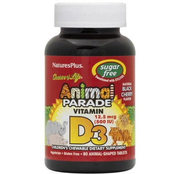 Nature's Plus Animal Parade Sugar-Free Vitamin D3 500IU Chewable Supplement for Kids - 90 Count | Immune Support & Bone Health for Children | Perfect for Daily Nutrition & Picky Eaters