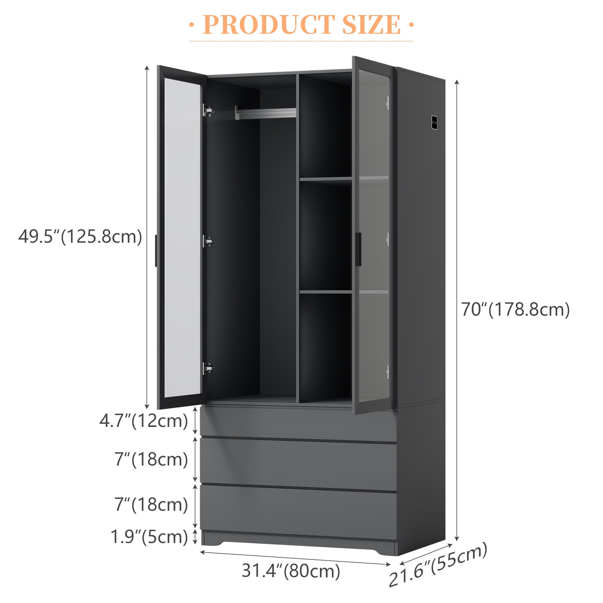 Modern LED Armoire Wardrobe Closet Cabinet with 3 Drawers & 2 Doors - 70