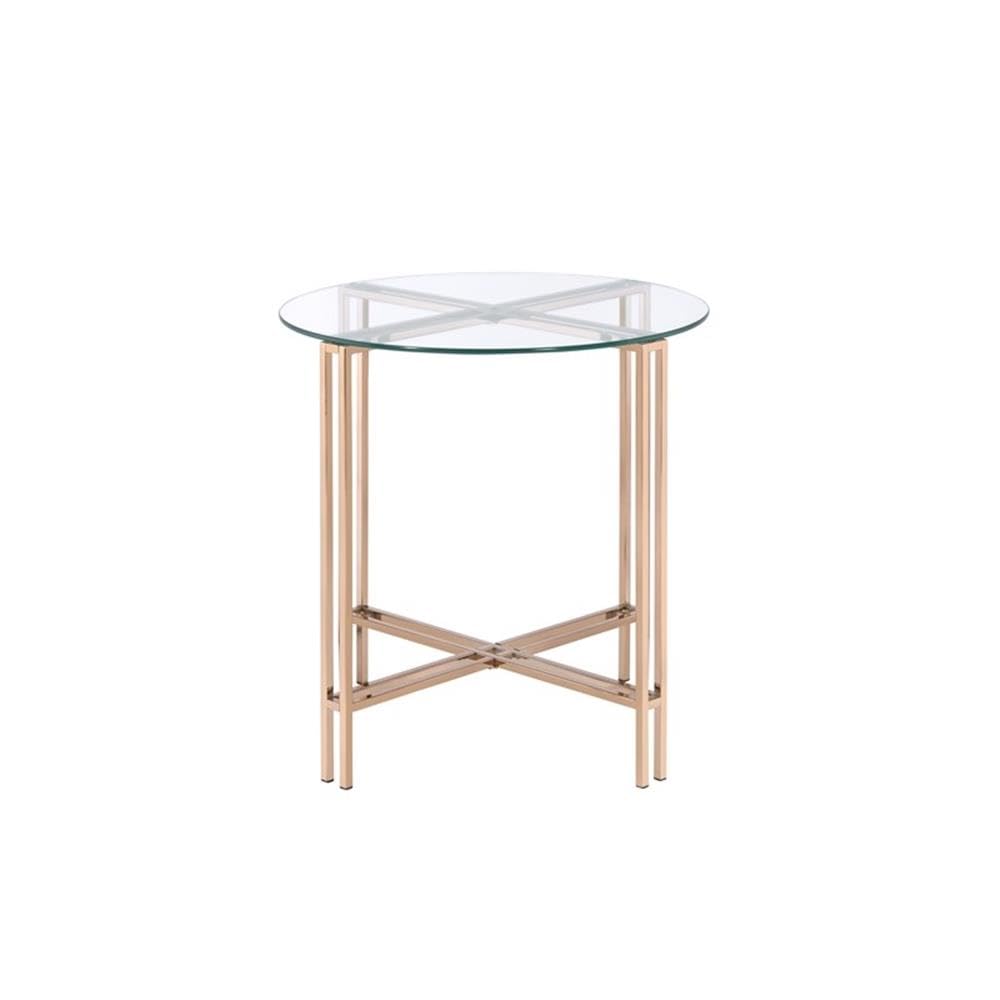 Acme Veises Round Glass Top End Table - Gold & Champagne Finish - Perfect for Living Room, Bedroom, or Office Decor