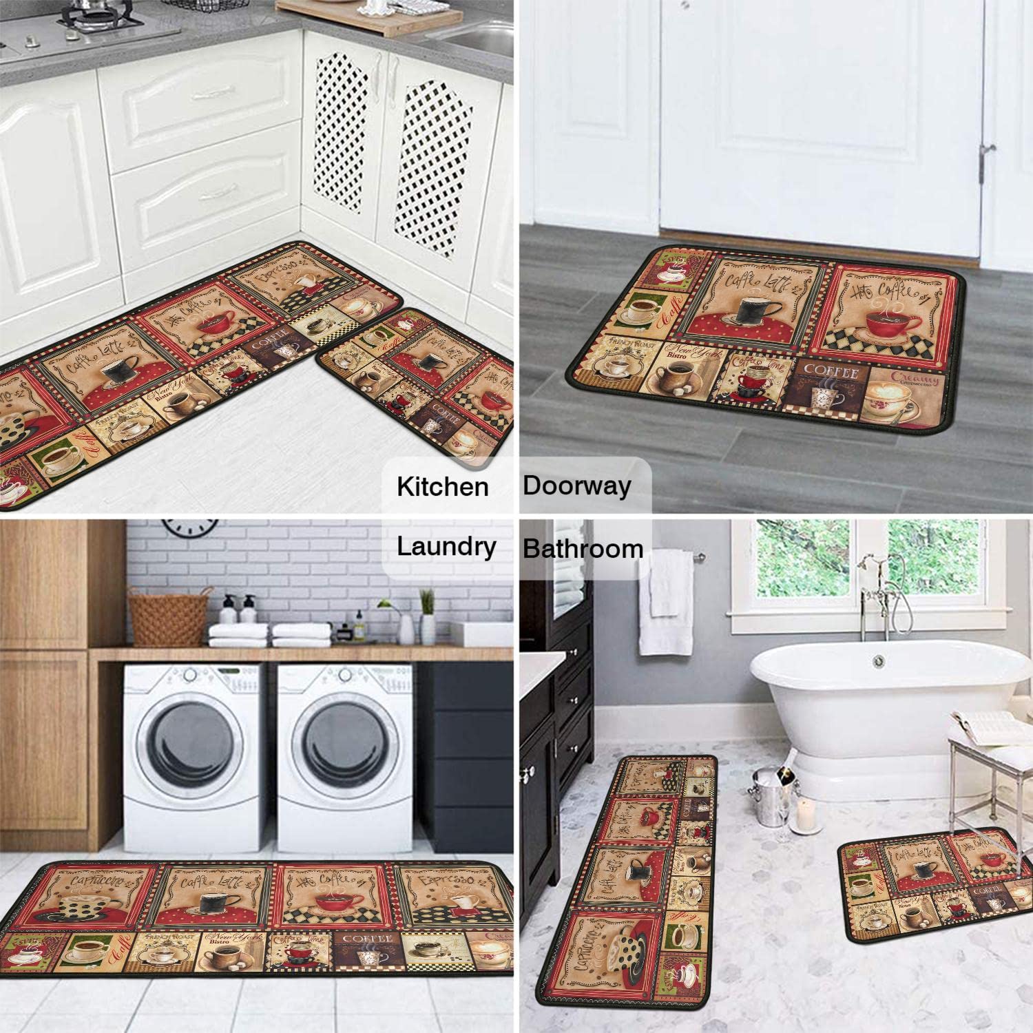 2-Piece Non-Slip Washable Kitchen Rug Set - Absorbent Microfiber Coffee Themed Decor Mats (17
