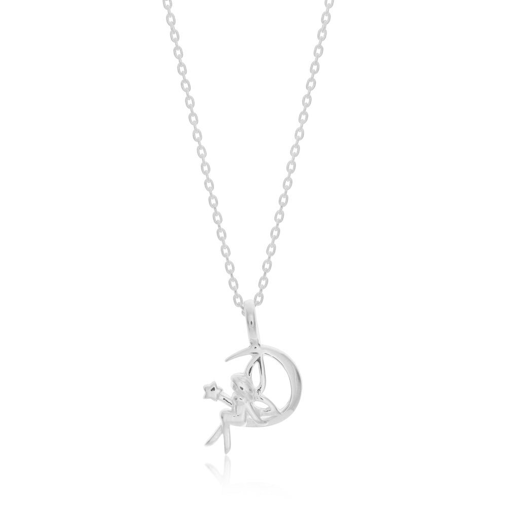 45cm Sterling Silver Fairy on Crescent Moon Pendant Necklace with Matching Chain - Perfect for Gift Giving, Birthdays & Spiritual Jewelry Lovers