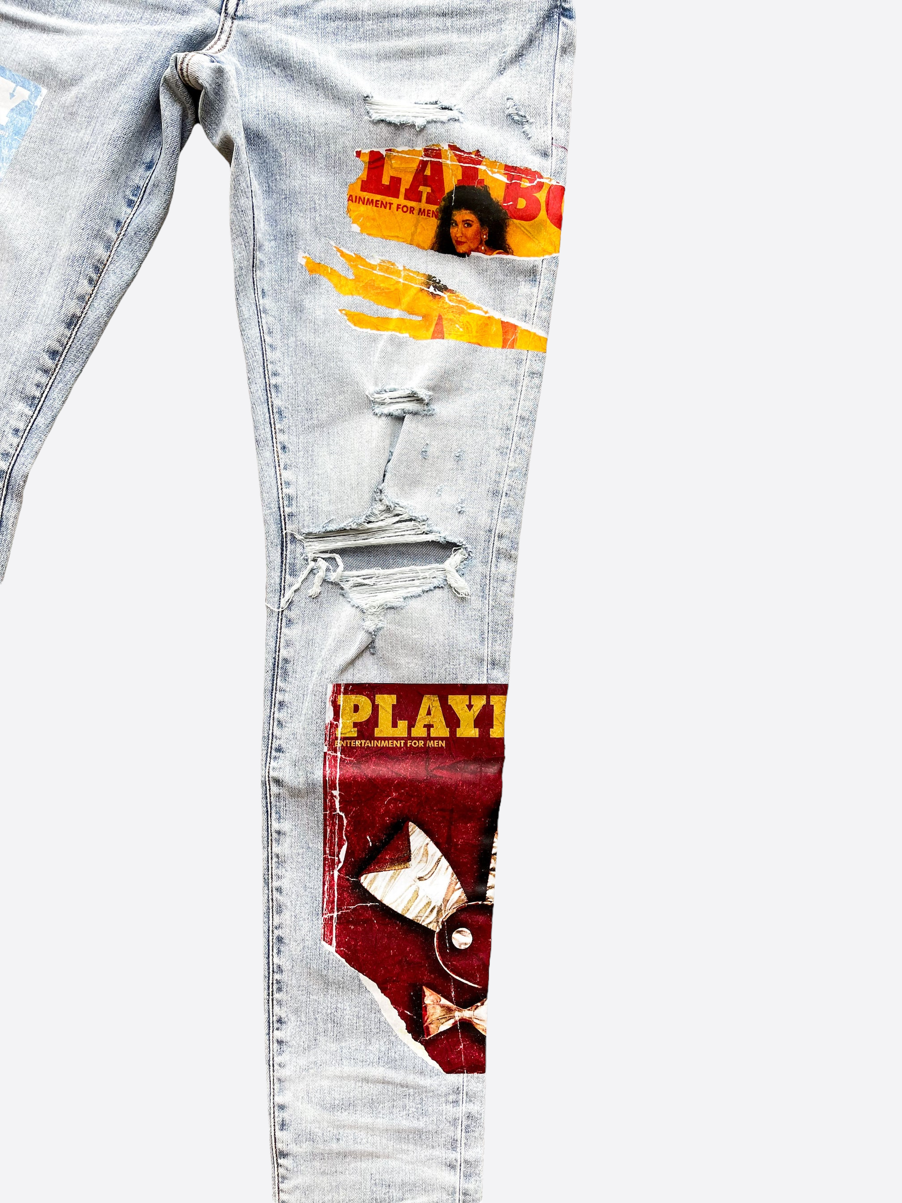 Amiri Playboy Blue Distressed Jeans for Men - Vintage Washed Denim Pants with Rabbit Logo | Perfect for Streetwear & Casual Outfits