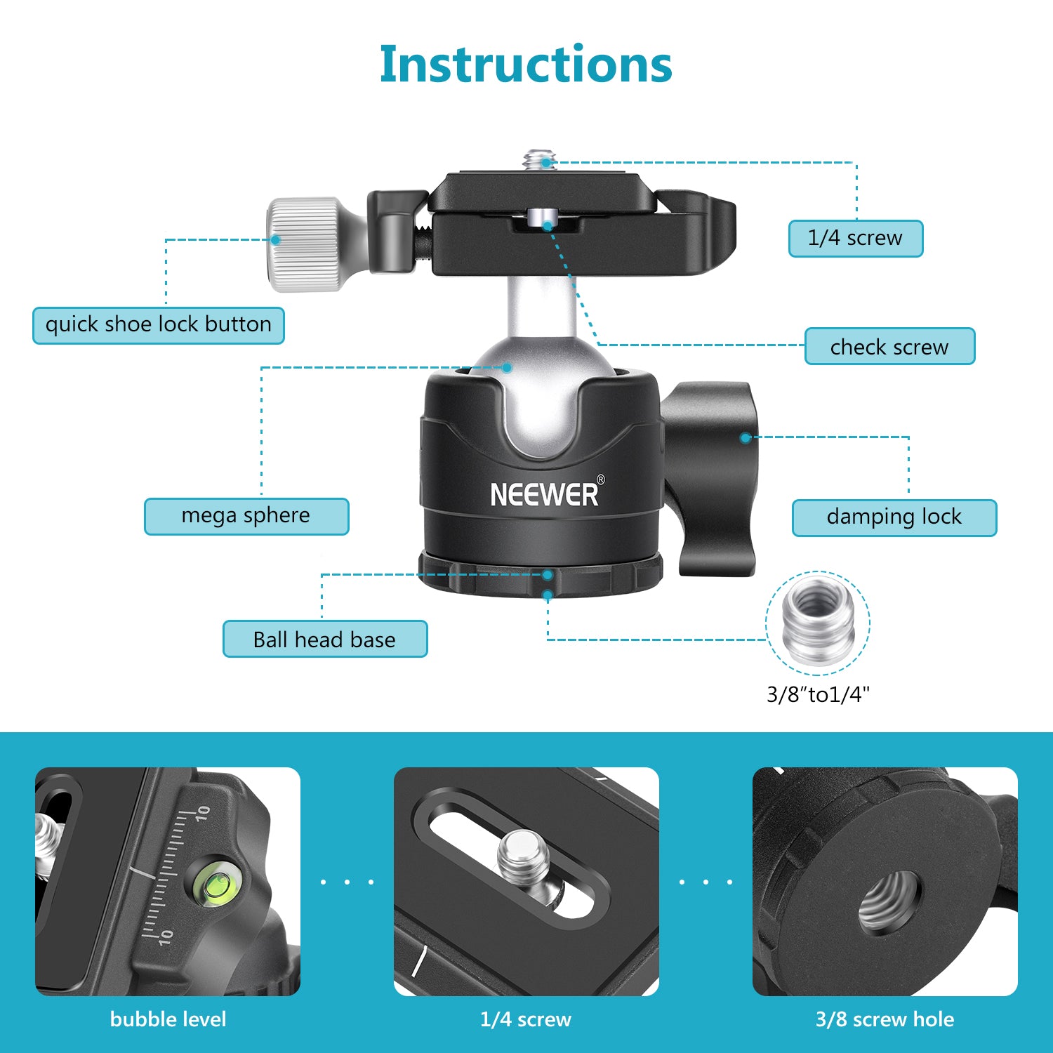 NEEWER LO28 28mm Low Profile Tripod Ball Head - Compact Lightweight Camera Mount for DSLR, Mirrorless & Video Cameras - Perfect for Travel, Vlogging & Outdoor Photography