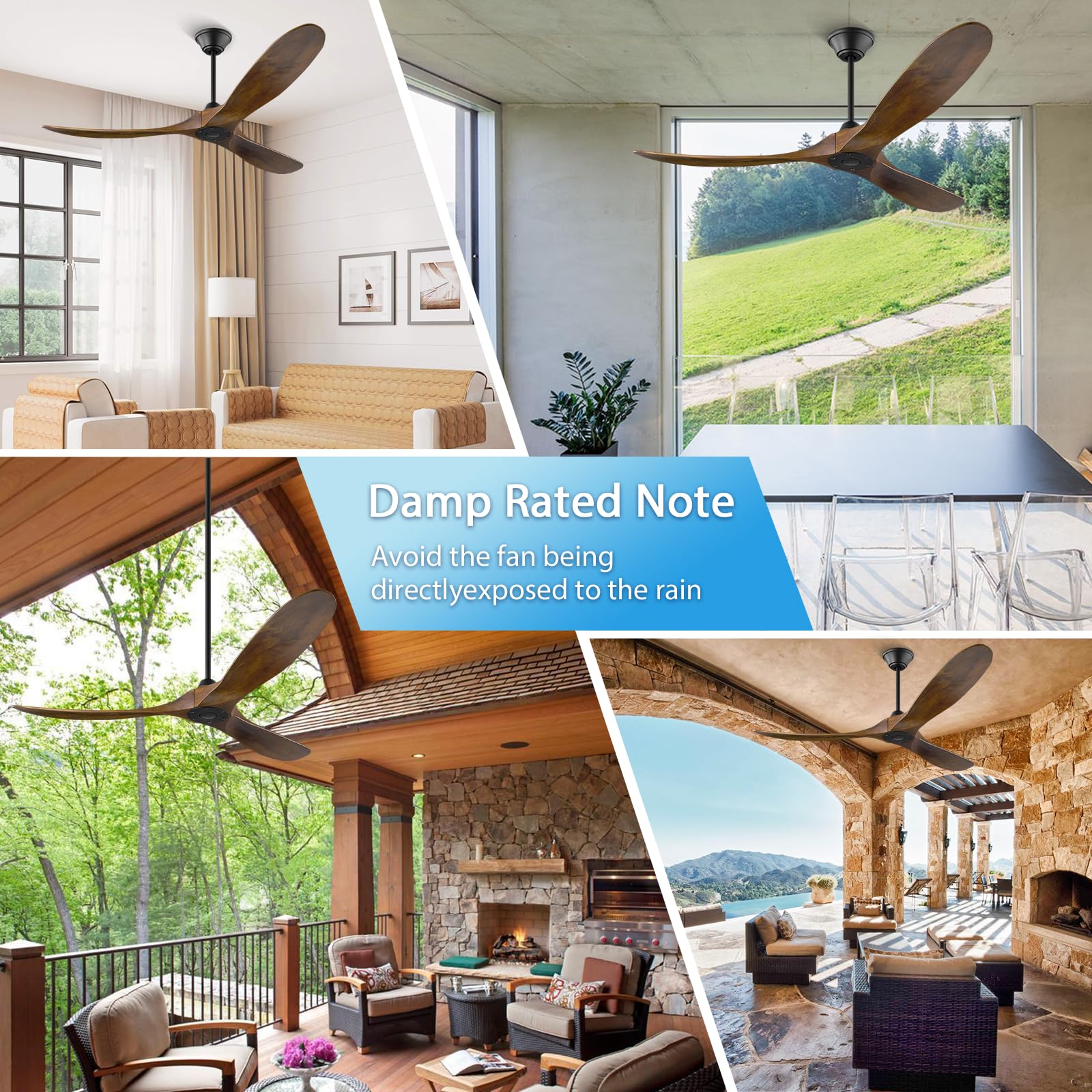 60 Inch Wood Ceiling Fan with Remote - 3 Blade Outdoor Ceiling Fan for Patio, Noiseless Reversible DC Motor, 6 Speed Settings, No Light - Perfect for Indoor and Outdoor Use in Living Rooms, Bedrooms, and Covered Porches