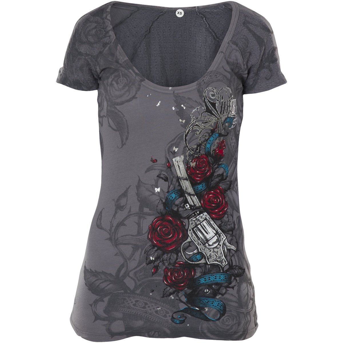 Sinful Women's Dark Romance V-Neck T-Shirt - Gothic Lace Trim Casual Tee for Date Night & Alternative Fashion