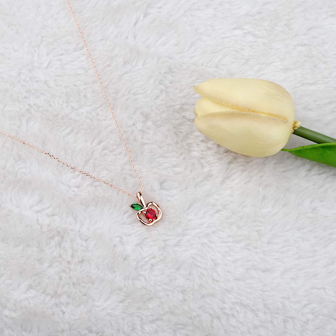 Zuo Bao Teacher Apple Pendant Necklace - Sterling Silver Plated Apple Leaf Charm with Red & Green Zircon Gemstones - Perfect Thank You Gift for Educators, Teachers & Mentors - Ideal for Teacher Appreciation Week, Graduation Gifts & School Year End Presents
