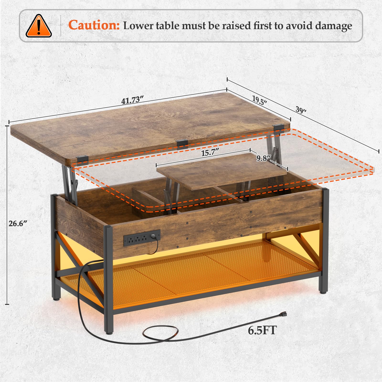 Aheaplus Lift Top Coffee Table with LED Lights & Power Outlets - Convertible Dining Table with Storage Shelves, Rustic Brown Center Table for Living Room, Home Office & Reception Areas | Perfect for Small Spaces, Entertaining Guests & Remote Work