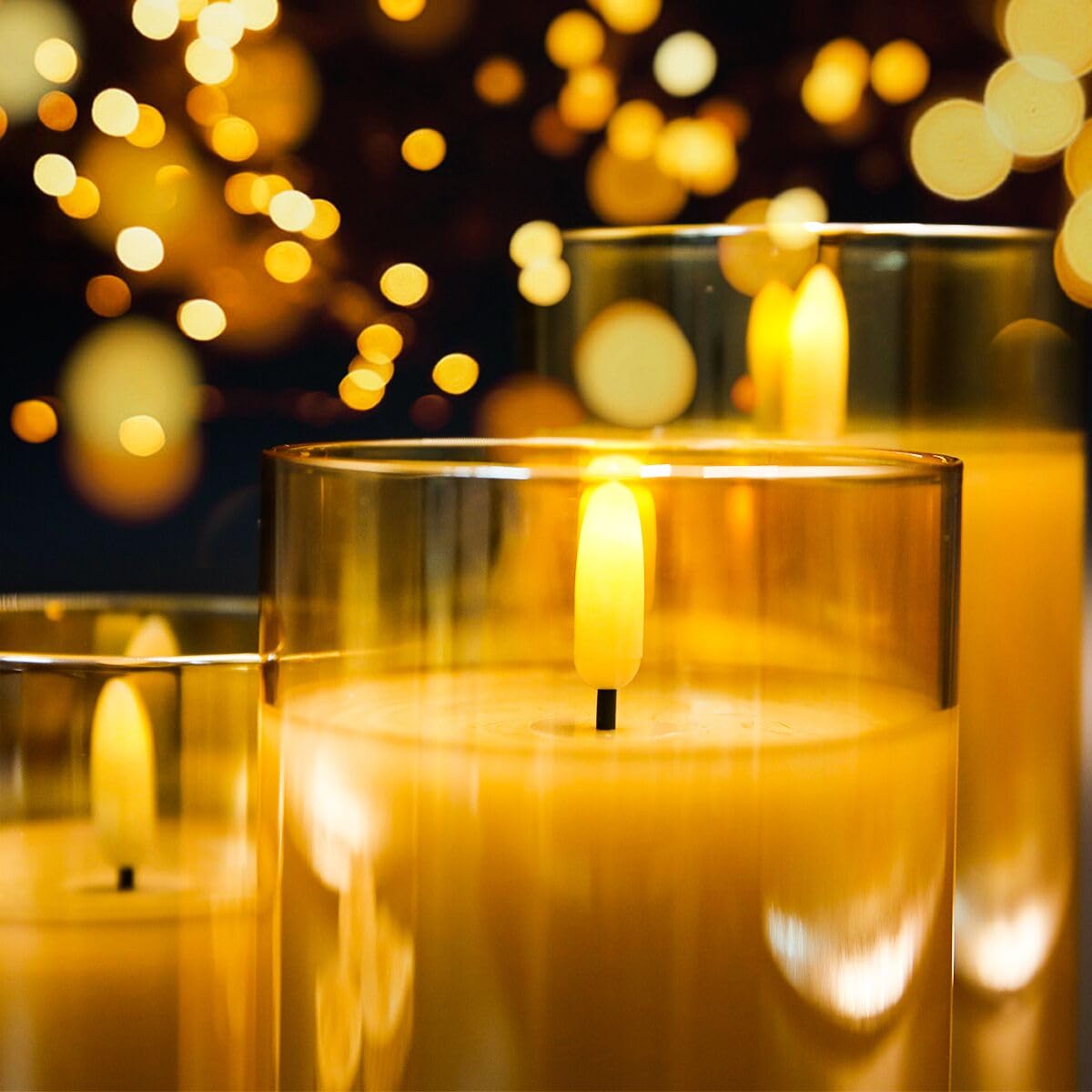 Flickering Flameless LED Candles with Remote Control & Timer - Set of 3 Gold Glass Effect Battery Operated Candles for Wedding, Party, Home Decor - Perfect for Romantic Dinners, Holiday Centerpieces & Spa Relaxation