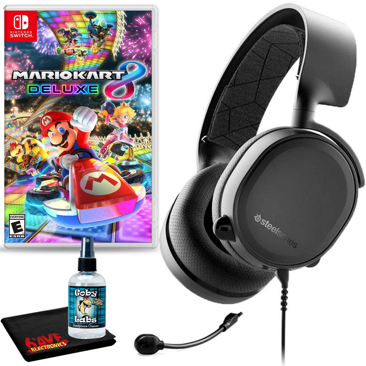 SteelSeries Arctis 3 Wireless Gaming Headset with Noise Cancellation - Includes 6Ave Cleaning Kit & Mario Kart 8 Deluxe Game - Perfect for PC, PS4, Xbox & Nintendo Switch Gaming Sessions
