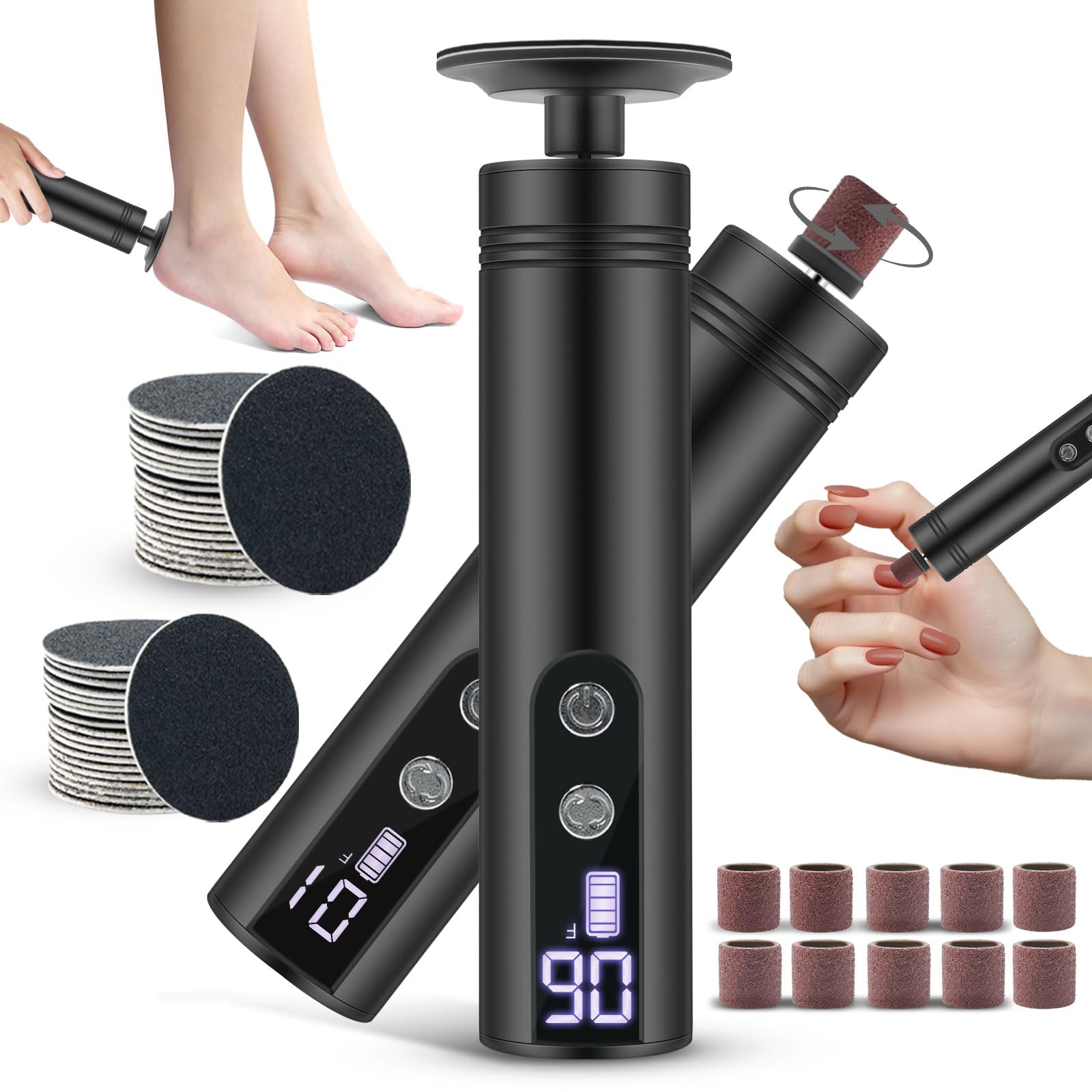 2 in 1 Electric Foot Callus Remover - 9 Speed Adjustable Pedicure Tool with LED Display & 2000mAh Rechargeable Battery - Professional Foot File for Dead Skin Removal - Includes Replaceable Sandpaper Discs (Black) - Perfect for Home Pedicure & Foot Care Routine