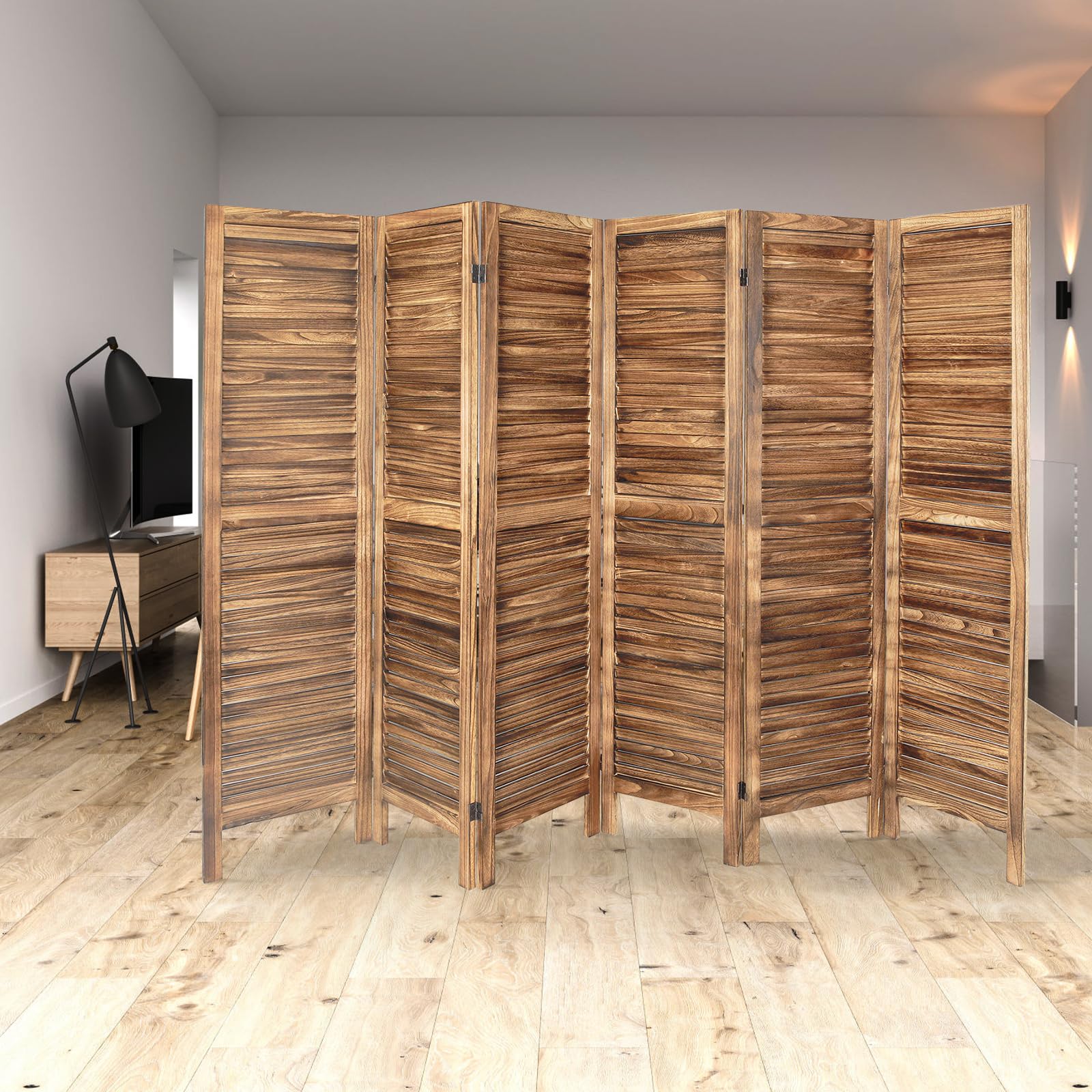 ECOMEX 6 Panel Wood Room Divider - 5.6Ft Tall Folding Privacy Screen with Louvered Design, Freestanding Partition for Home, Office, Restaurant & Bedroom (Brown) | Perfect for Creating Private Spaces, Room Separation & Decoration