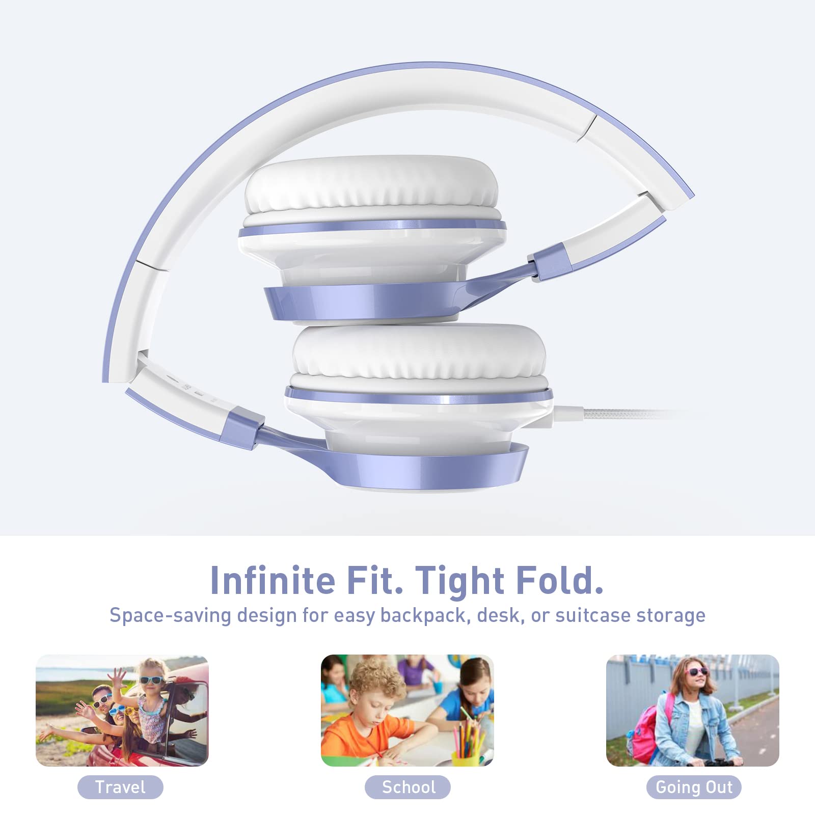 Ailihen MS300 Wired Headphones with Microphone - 3.5mm Jack Foldable Lightweight Headset for Chromebook, Laptop, Computer & Smartphone - Perfect for Online Classes, Gaming & Music (Violet)