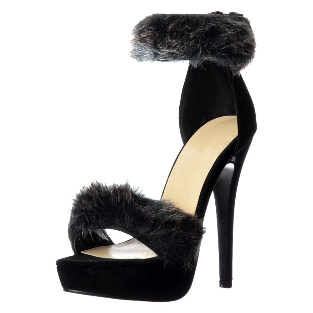 Women's Peep Toe Stiletto High Heels with Faux Fur Ankle Cuff - Black Suede Pump Shoes Size UK4/EU37/US6/AU5 - Perfect for Parties, Weddings & Evening Events