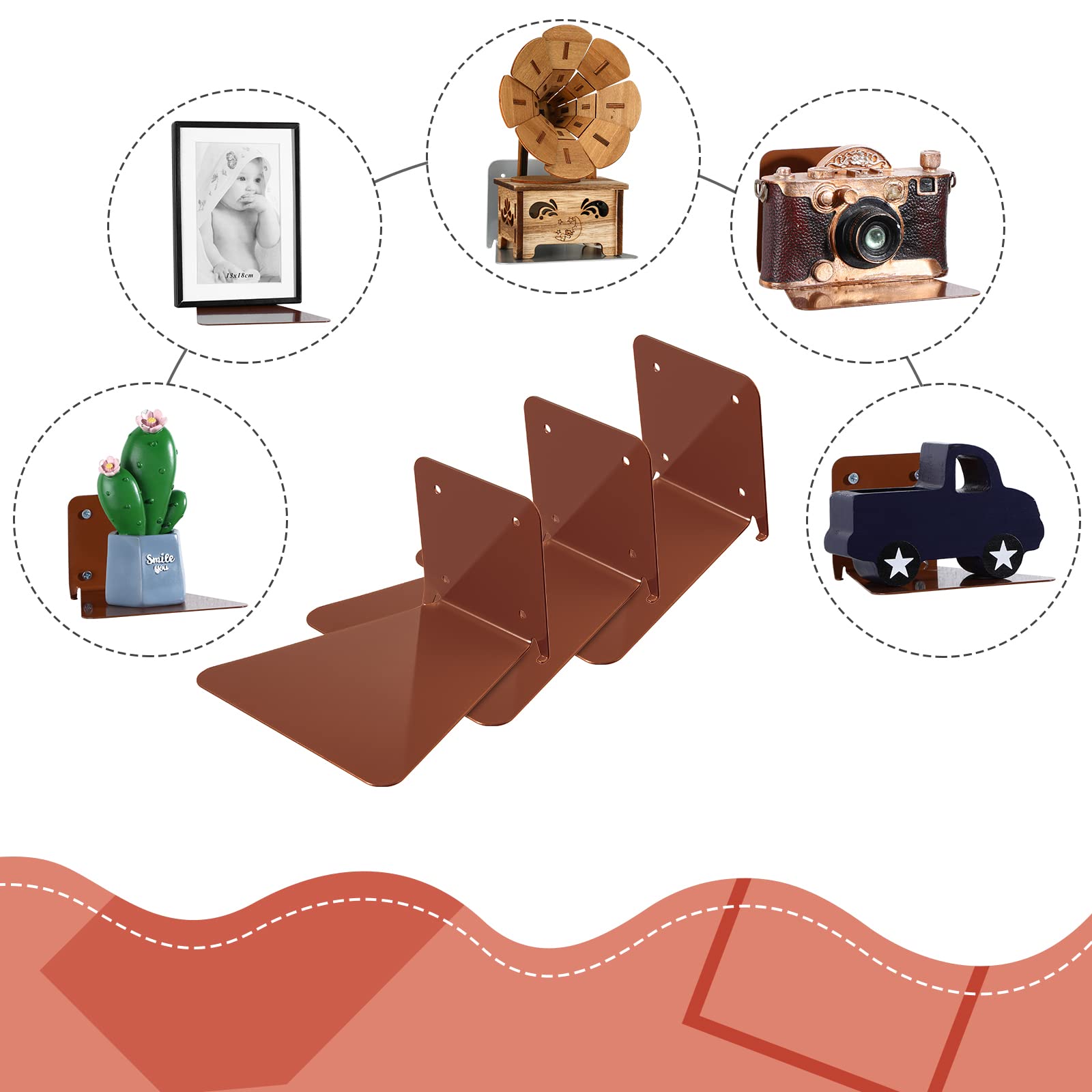 Jetec 6-Piece Invisible Floating Bookshelf Set - Heavy Duty Iron Wall Mount Shelves for Home, Office, Classroom & Library - Space Saving Book Display & Decorative Storage (Brown) - Perfect for Organizing Books, Photos & Decor in Small Spaces