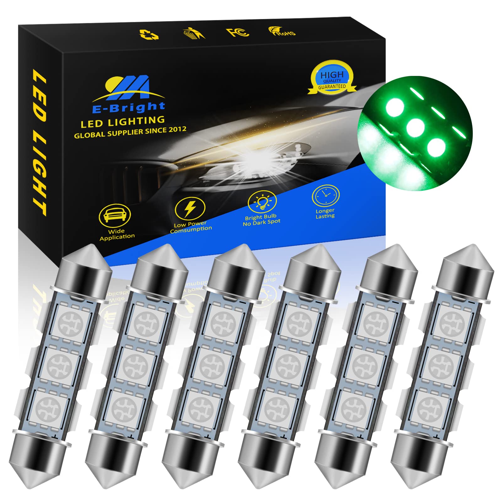 Everbright 6-Pack Green 578 LED Bulbs - 44MM 569 211-2 212-2 Festoon LED Dome Light for Car Interior, Trunk, Map, and License Plate - DC 12V - Perfect for Vehicle Lighting Upgrades and Customization