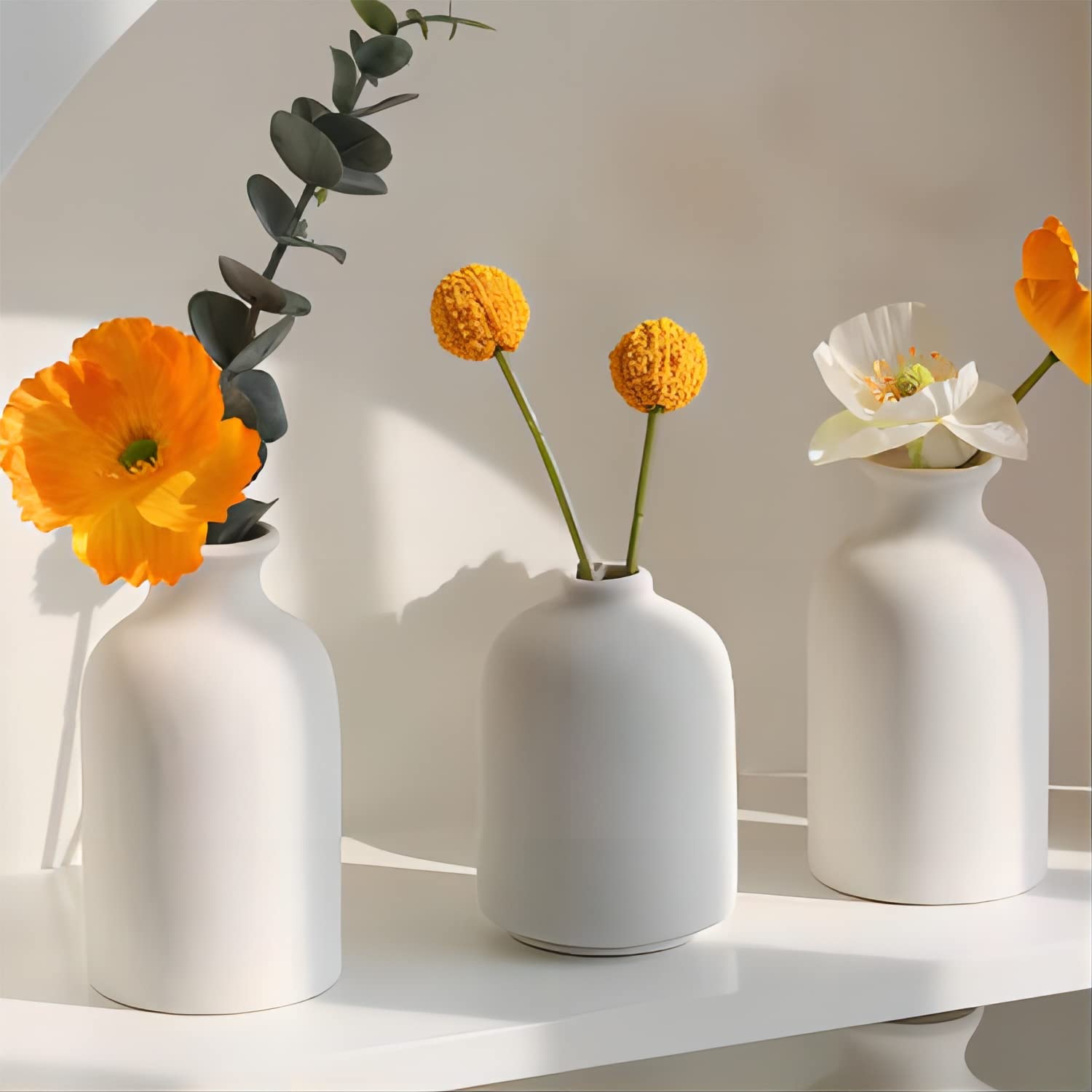 White Ceramic Vase Set of 3 - Small Modern Boho Farmhouse Flower Vases for Home Decor, Shelf & Tabletop Display - Perfect for Pampas Grass, Dried Flowers, Bookshelf, Entryway and Wedding Centerpieces - Distressed Finish