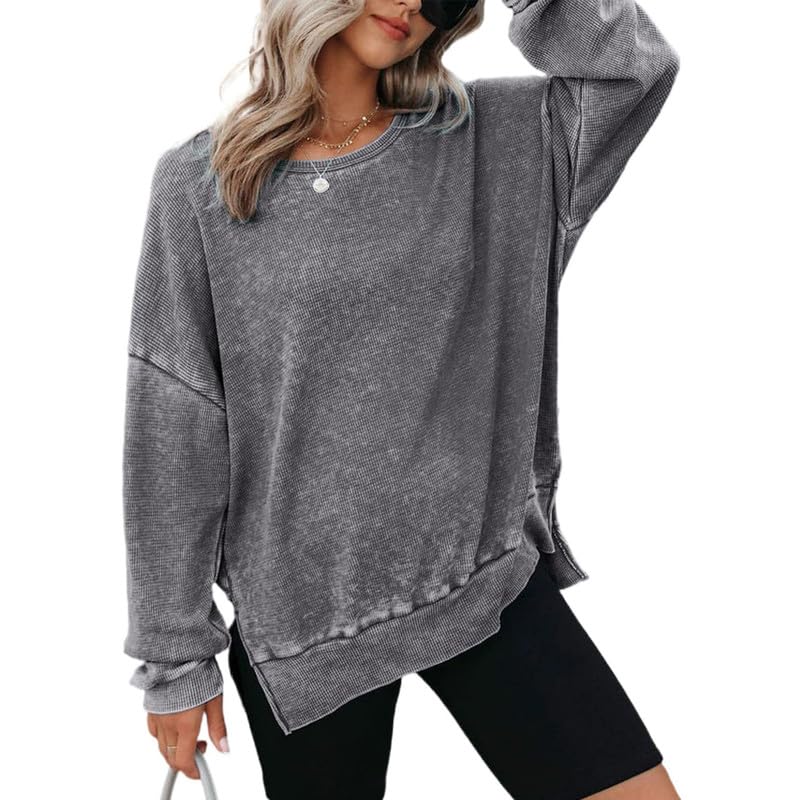 Oversized Waffle Knit Sweatshirt for Women - Split Hem Long Sleeve Crewneck Pullover | Casual Loose Fit Tops for Fall & Winter | Perfect for Coffee Dates, Weekend Outings & Cozy Layering