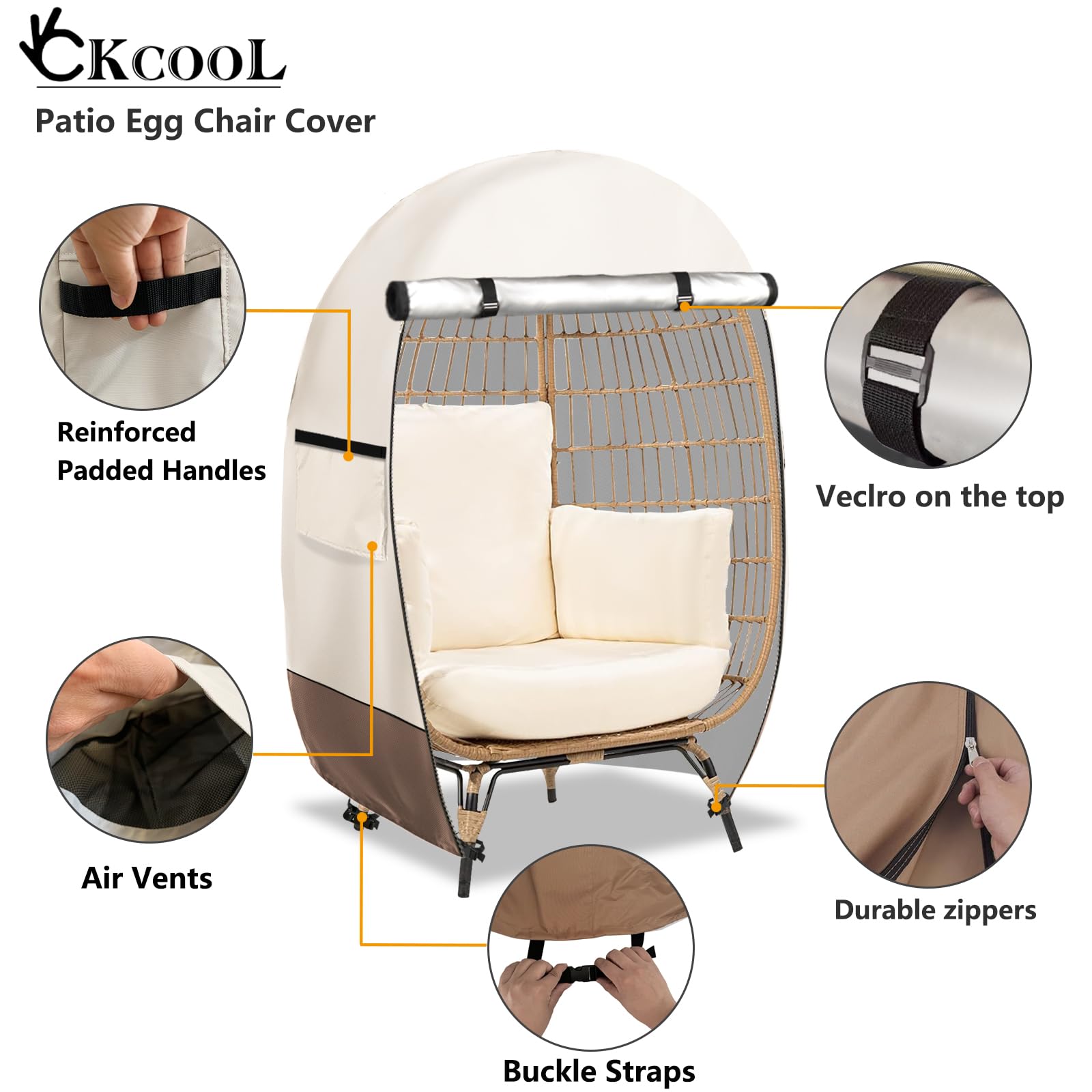 Waterproof Egg Chair Cover with Zipper - Outdoor Wicker Patio Basket Chair Protector (Beige & Brown, Fits 45.3