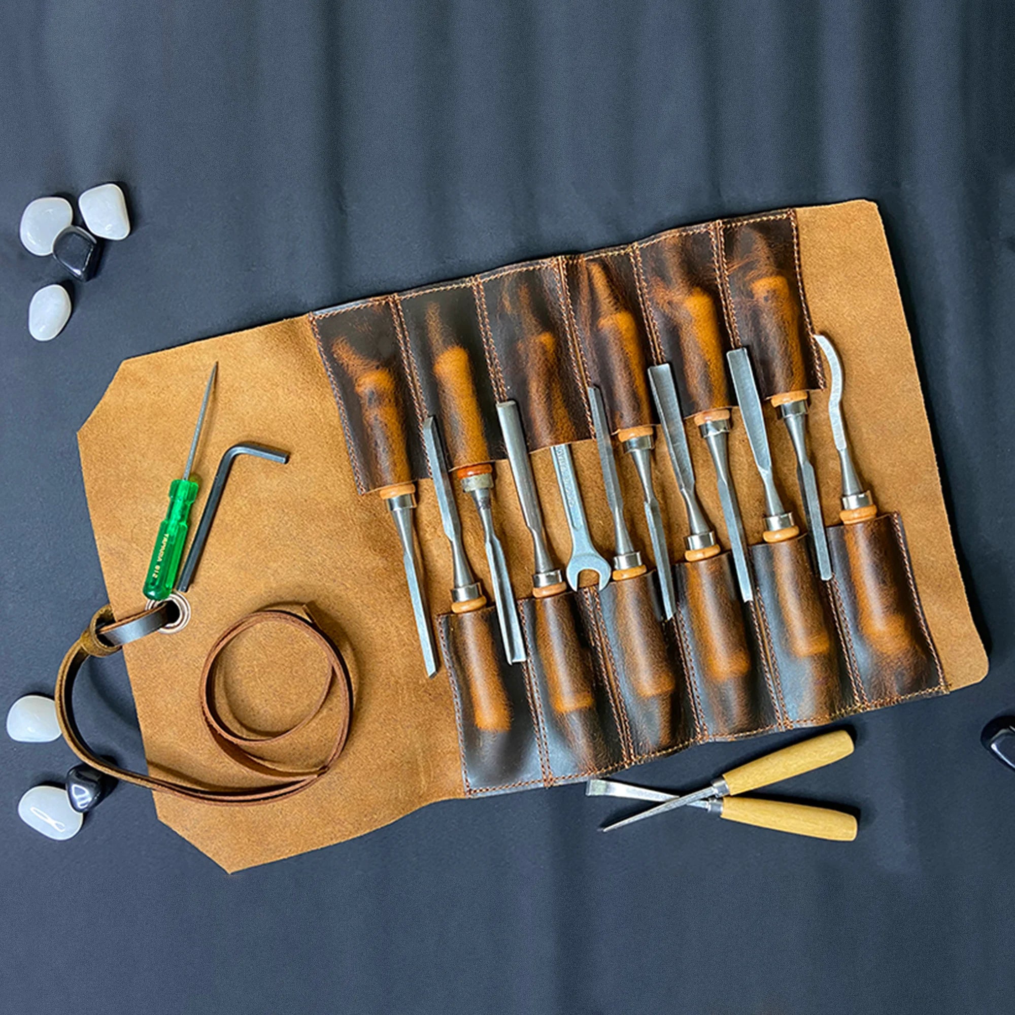 Premium Full Grain Leather Tool Roll Up Pouch - Handcrafted 12-Slot Organizer for Wrenches, Screwdrivers & DIY Tools | Perfect for Mechanics, Carpenters & Home Workshops