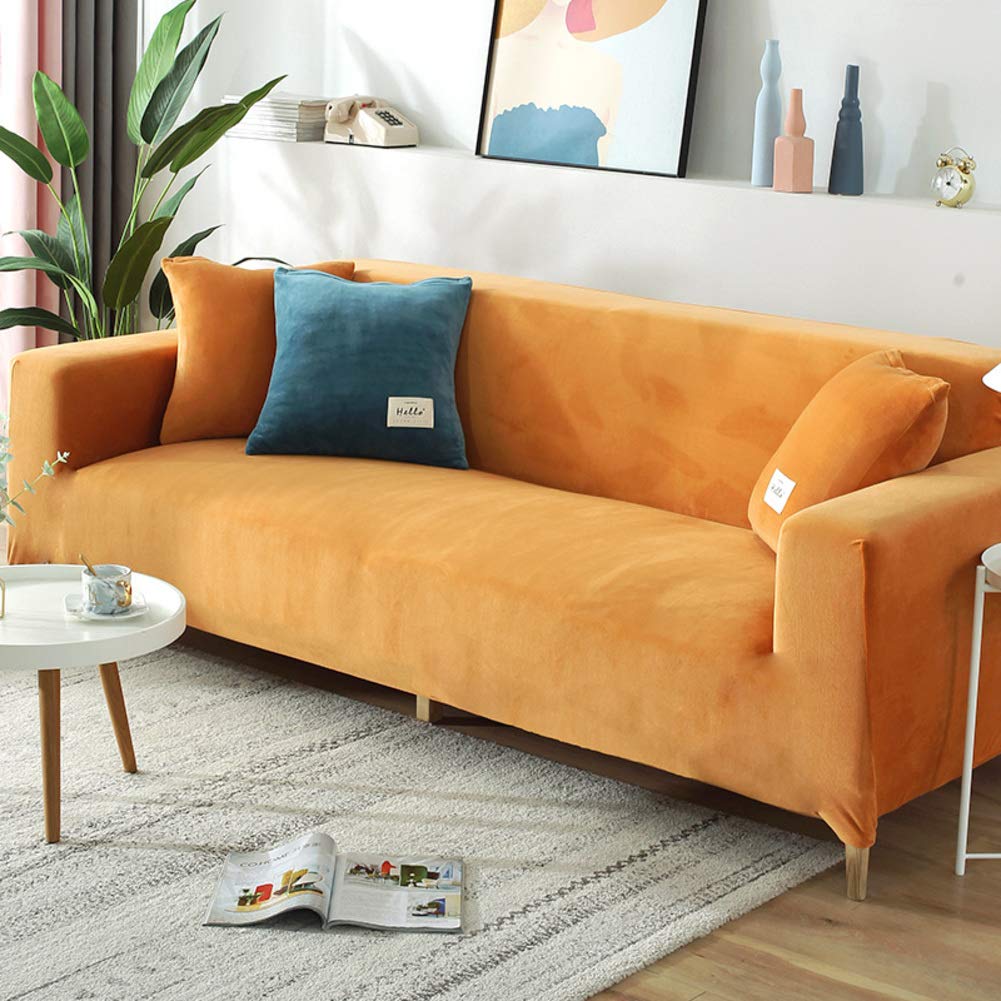 Stretch Soft Easy Fit Couch Cover - Elastic Thick Furniture Protection Sofa Slipcover in Velvet Fabric for Loveseat, Armchair & 3-Seater Sofa (Yellow) - Perfect for Living Room, Home Decor & Pet Protection