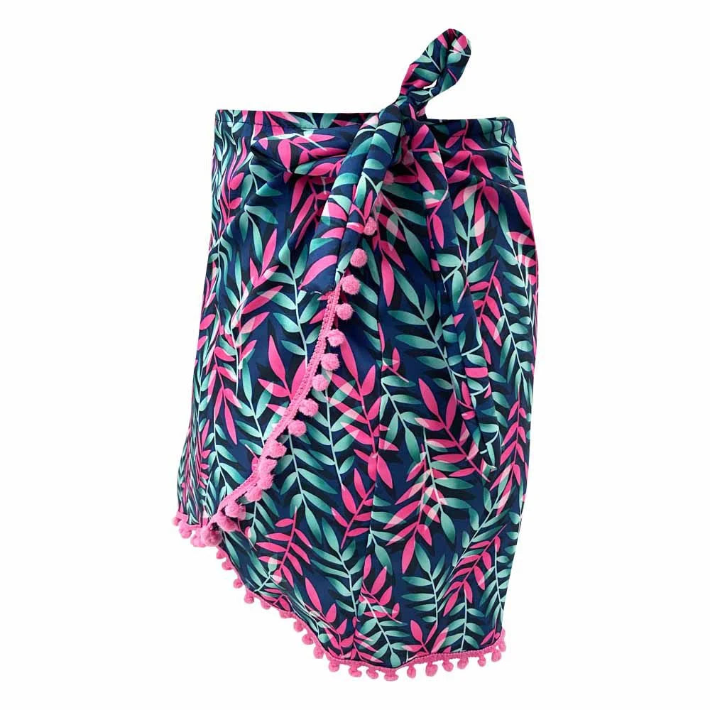Royal Blue Neon Leaves Swim Cover Up Pareo Skirt - Lightweight Beach Wrap for Women, Tropical Vacation Sarong, Poolside Cover-Up for Summer