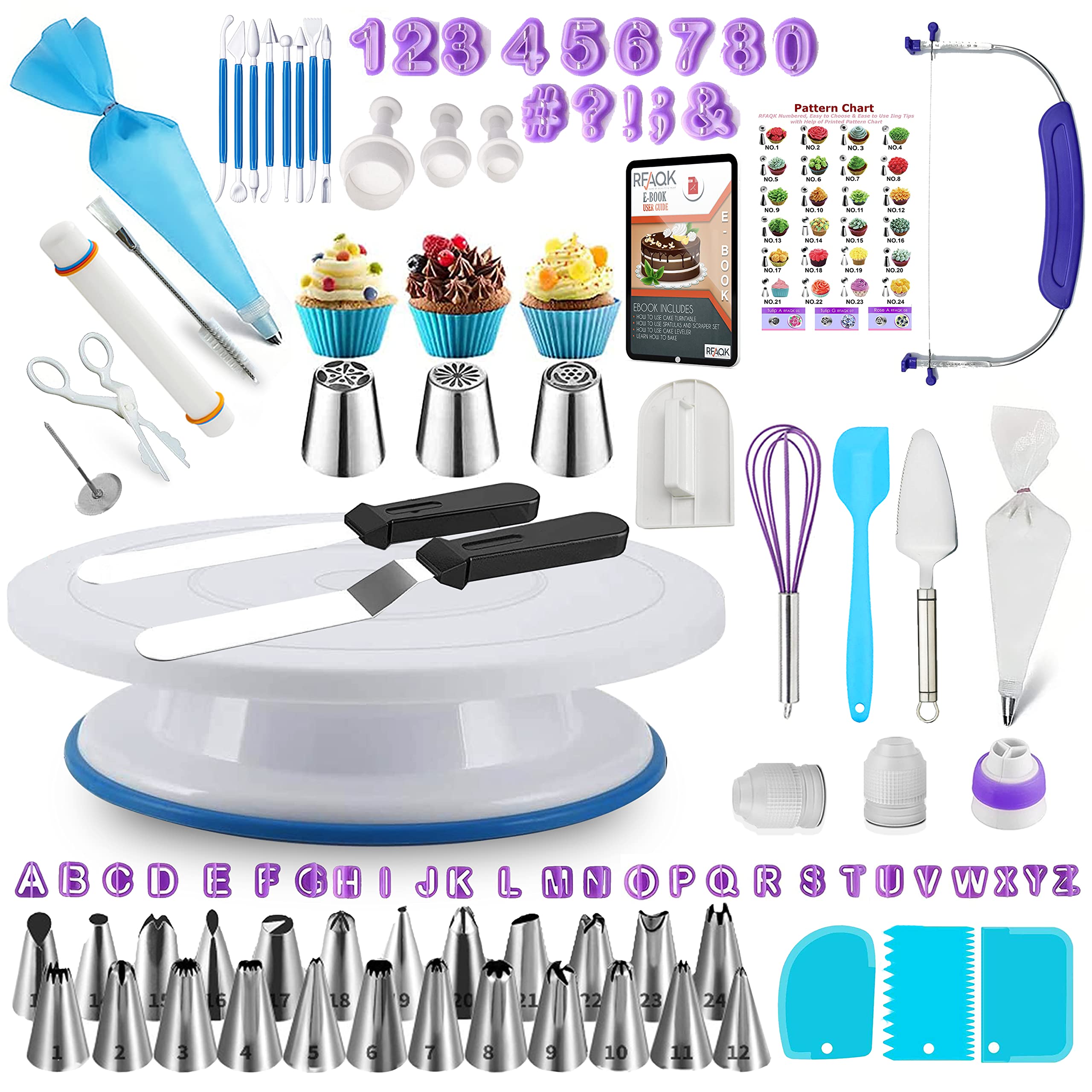 RFAQK 230-Piece Professional Cake Decorating Kit with Turntable, Piping Bags & Tips, Modeling Tools, Cookie Cutters & Icing Smoother - Complete Baking Supplies for Birthday, Wedding & Party Cake Decoration