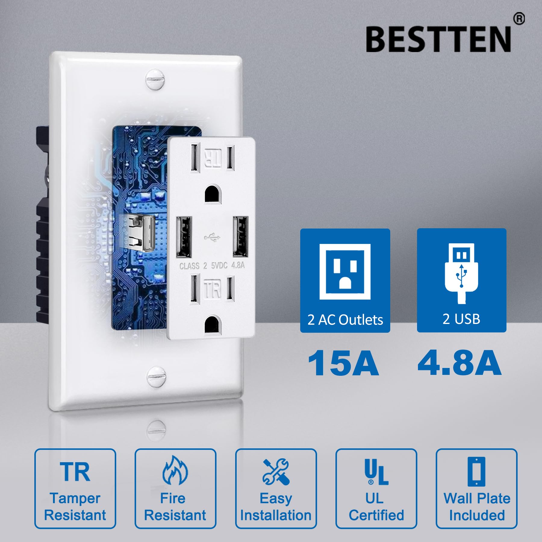 BESTTEN 10 Pack Dimmer Light Switch & 15 Amp 4.8A USB Outlet Combo - UL Listed White Wall Plate for Smartphones, Tablets & USB Devices - Perfect for Home, Office & Bedroom Lighting Control & Charging Stations
