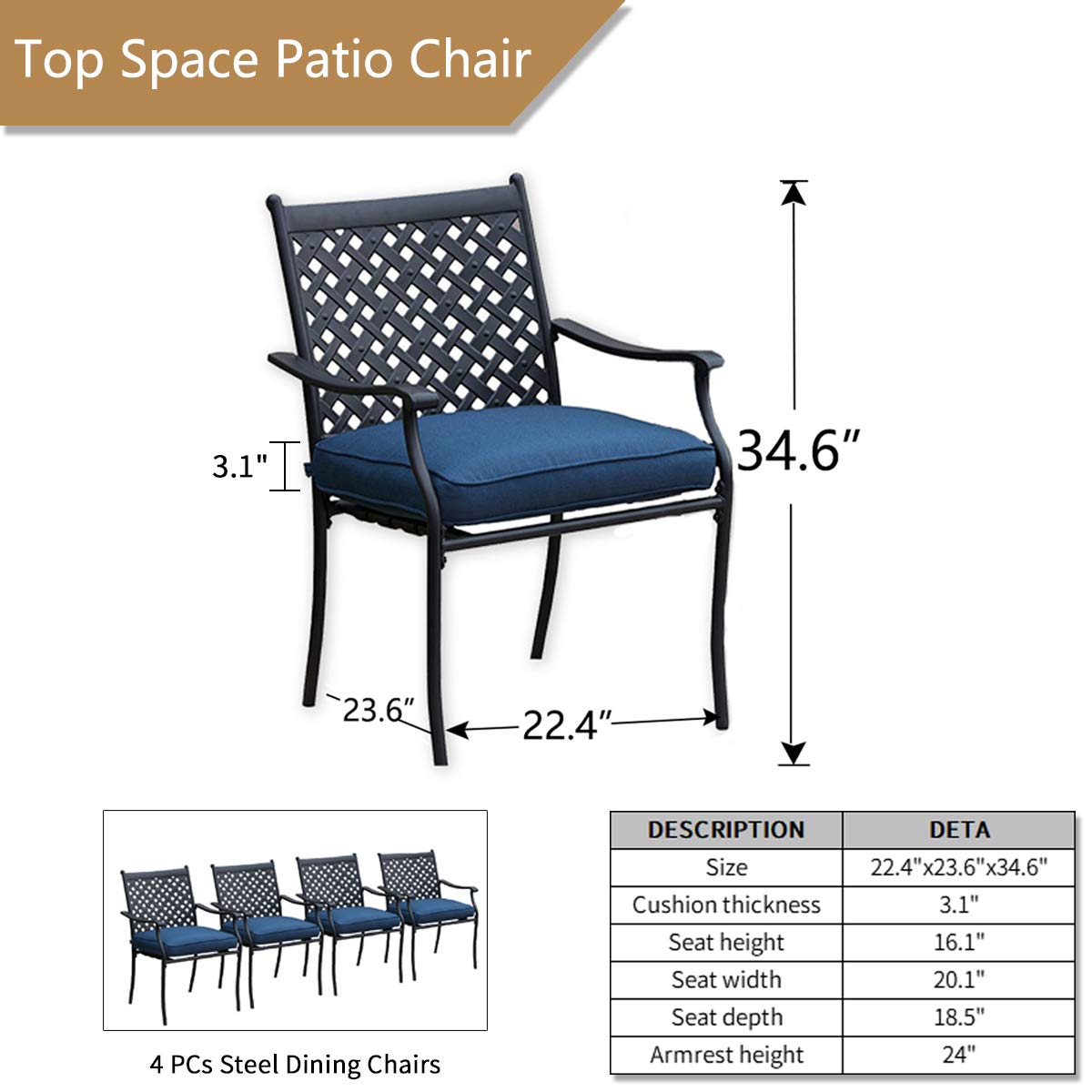 4-Piece Metal Outdoor Wrought Iron Patio Dining Chairs Set with Arms & Cushions (Blue) - Durable Garden, Poolside & Backyard Seating Furniture for Relaxing & Entertaining