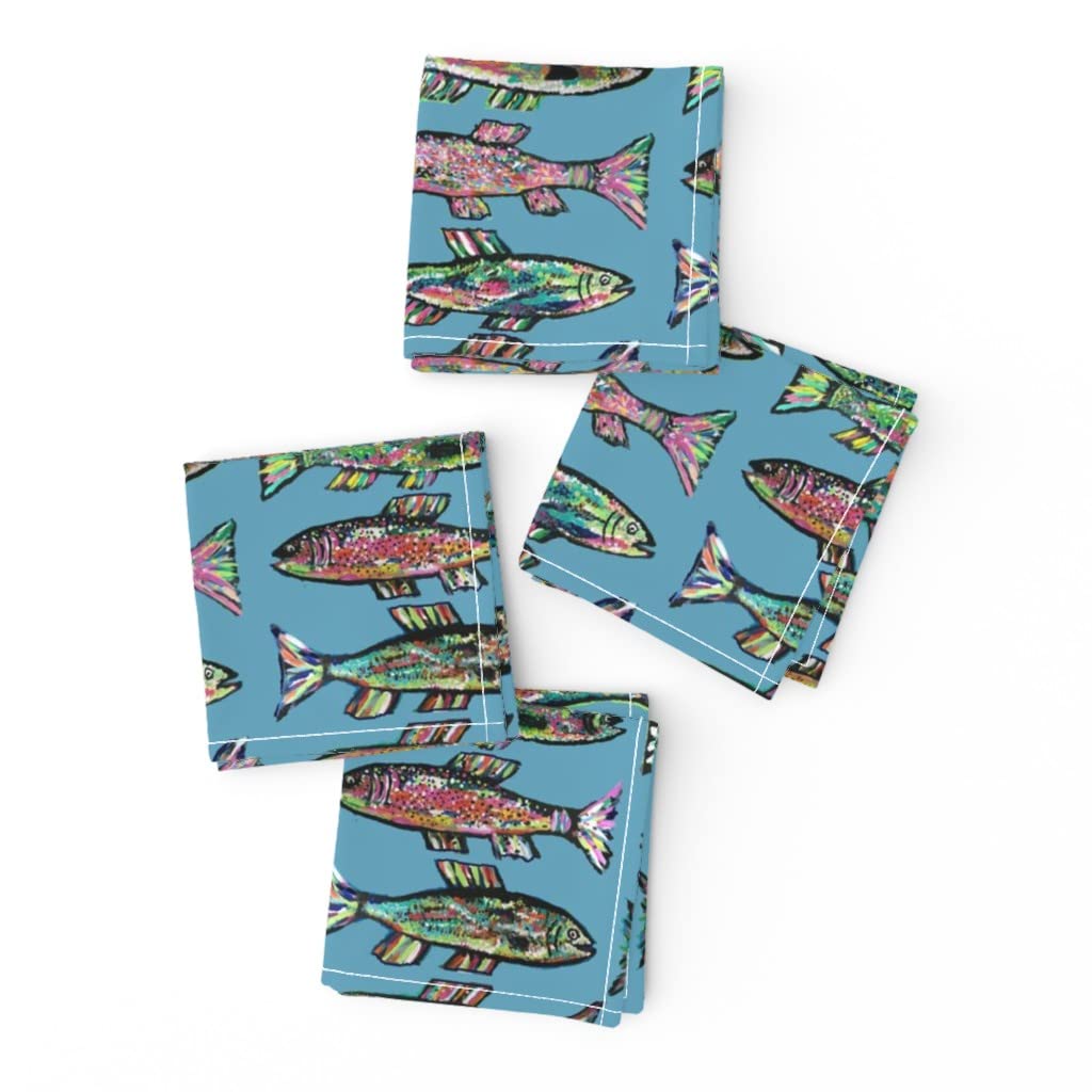 Rainbow Trout Teal Fish Printed Linen Cotton Cocktail Napkins Set of 4 - Beach House & Mountain Themed Seafood Art for Kitchen, Bar, Party & Outdoor Dining Decor