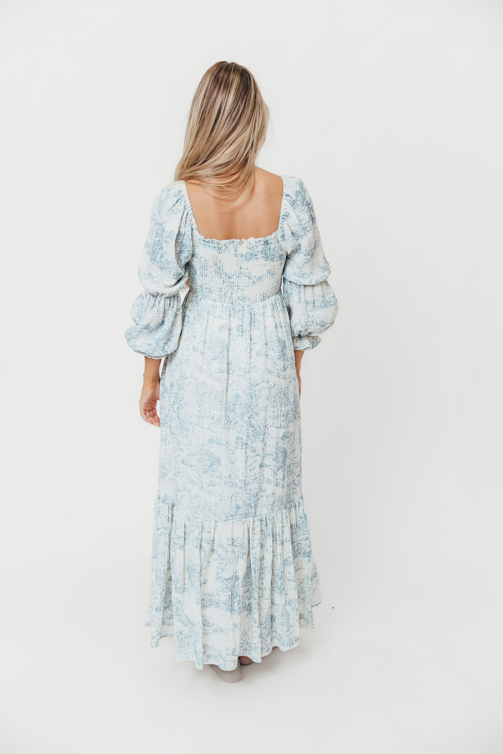 Emerson 100% Cotton Smocked Maxi Dress with Long Sleeves - Blue Toile Floral Print Maternity Bump Friendly | Perfect for Pregnancy, Nursing, Baby Showers & Special Occasions