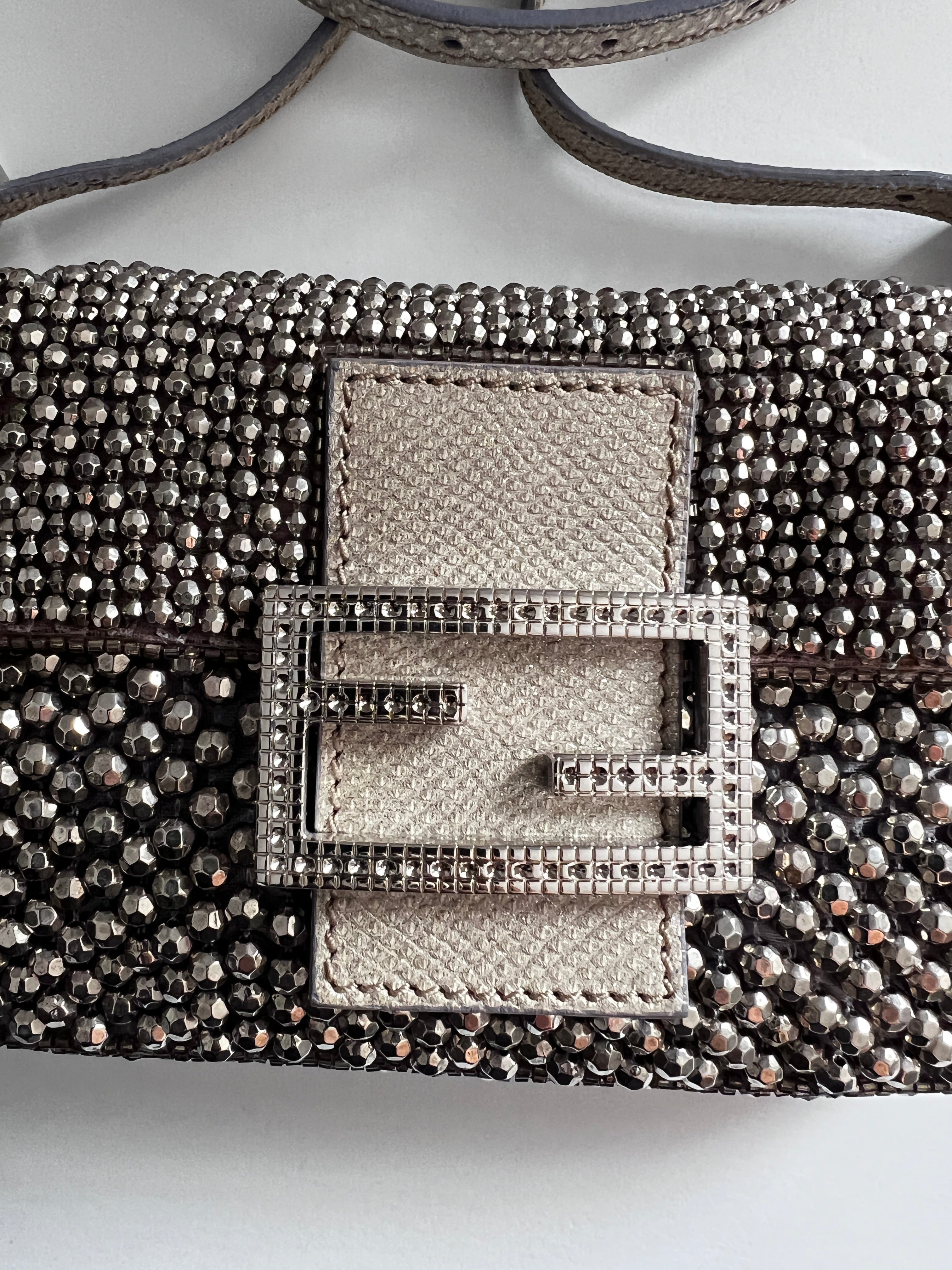 Fendi Silver Beaded Mini Baguette Bag - 3-Way Crossbody Shoulder Clutch Purse for Women | Perfect for Parties, Date Nights & Special Occasions