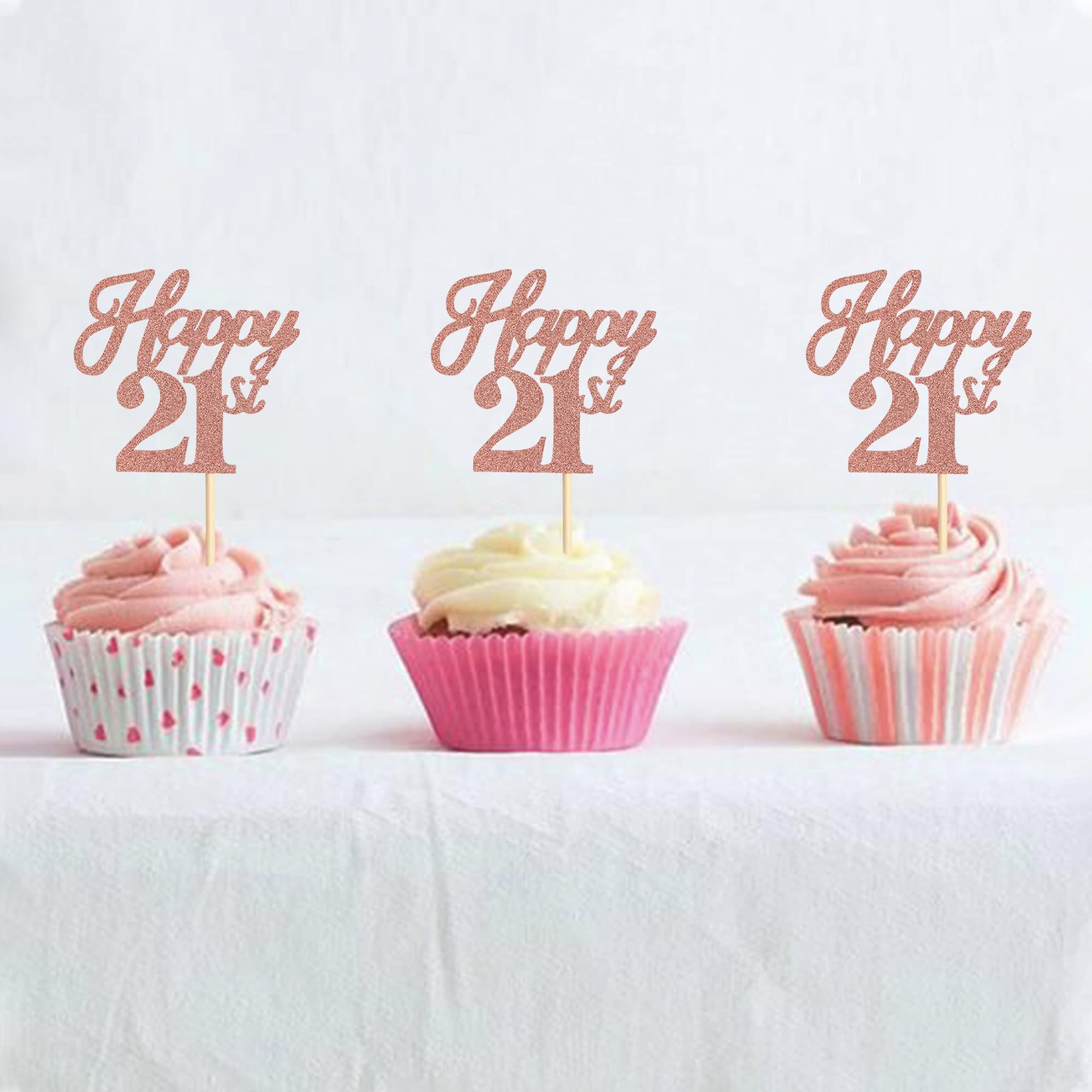 24 Pack Rose Gold Glitter 21st Birthday Cupcake Toppers - Happy 21st Cupcake Picks for Wedding, Anniversary & Party Cake Decorations - Cheers to 21 Cupcake Decor Supplies (Perfect for Milestone Celebrations & Dessert Displays)