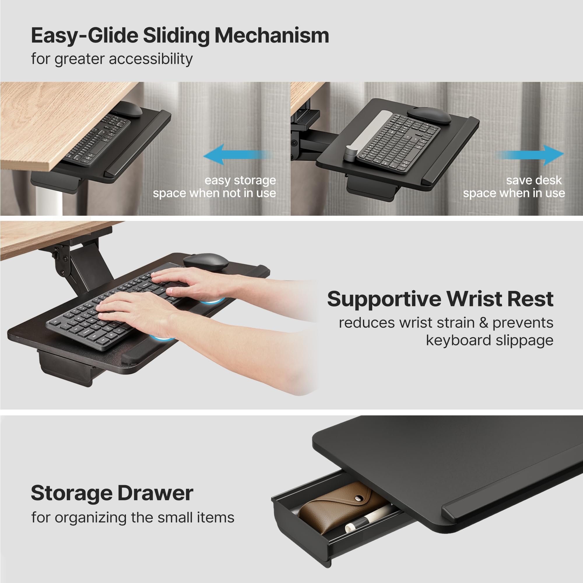 Ergonomic Under Desk Keyboard Tray with Storage Drawer - Height Adjustable, Slide Out Swivel Tilt Design - 25x11
