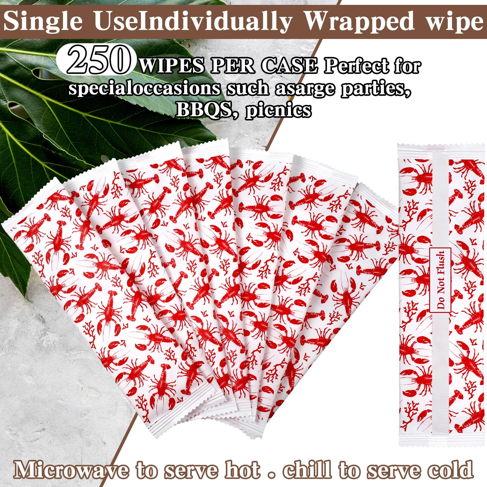 250 Pcs BBQ Wet Wipes - Individually Wrapped Pre-Moistened Grill Cleaning Wipes for Hands & Surfaces | Perfect for BBQs, Catering, Restaurants, Weddings & Outdoor Cooking (Lobster Design) - Keep Hands Clean While Grilling, Camping & Picnics