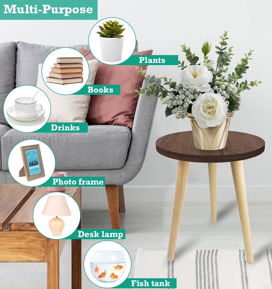 14IN Tall Wooden Plant Stand Holder - Mid Century Modern Small Round Side Table for Indoor Plants, Living Room, Bedroom & Office Decor - Perfect for Potted Plants, Succulents & Home Decor