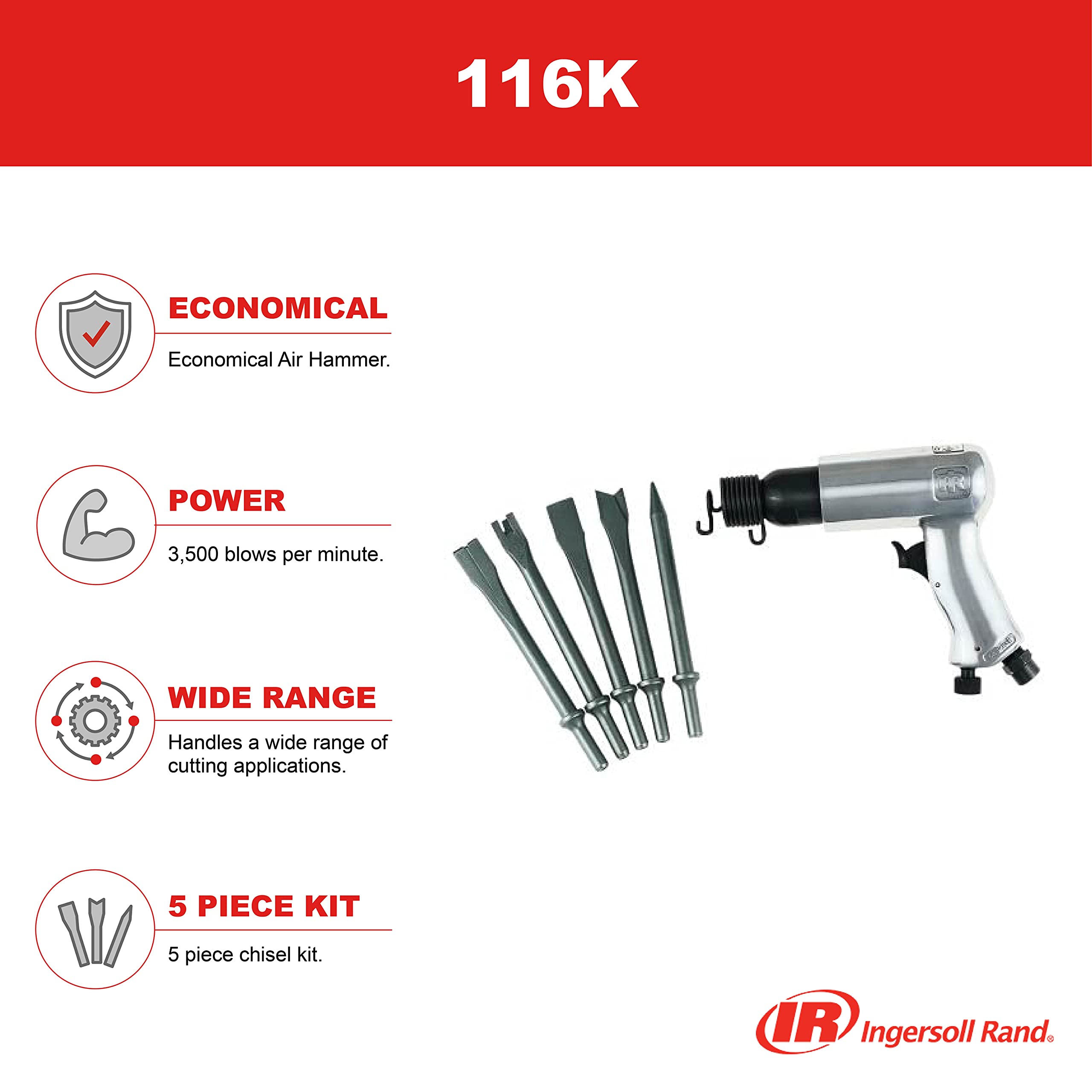 Ingersoll Rand 116K Standard Duty Air Hammer Kit with 5-Piece Chisel Set - Professional Pneumatic Tool for Metalworking, Auto Repair & Construction Projects
