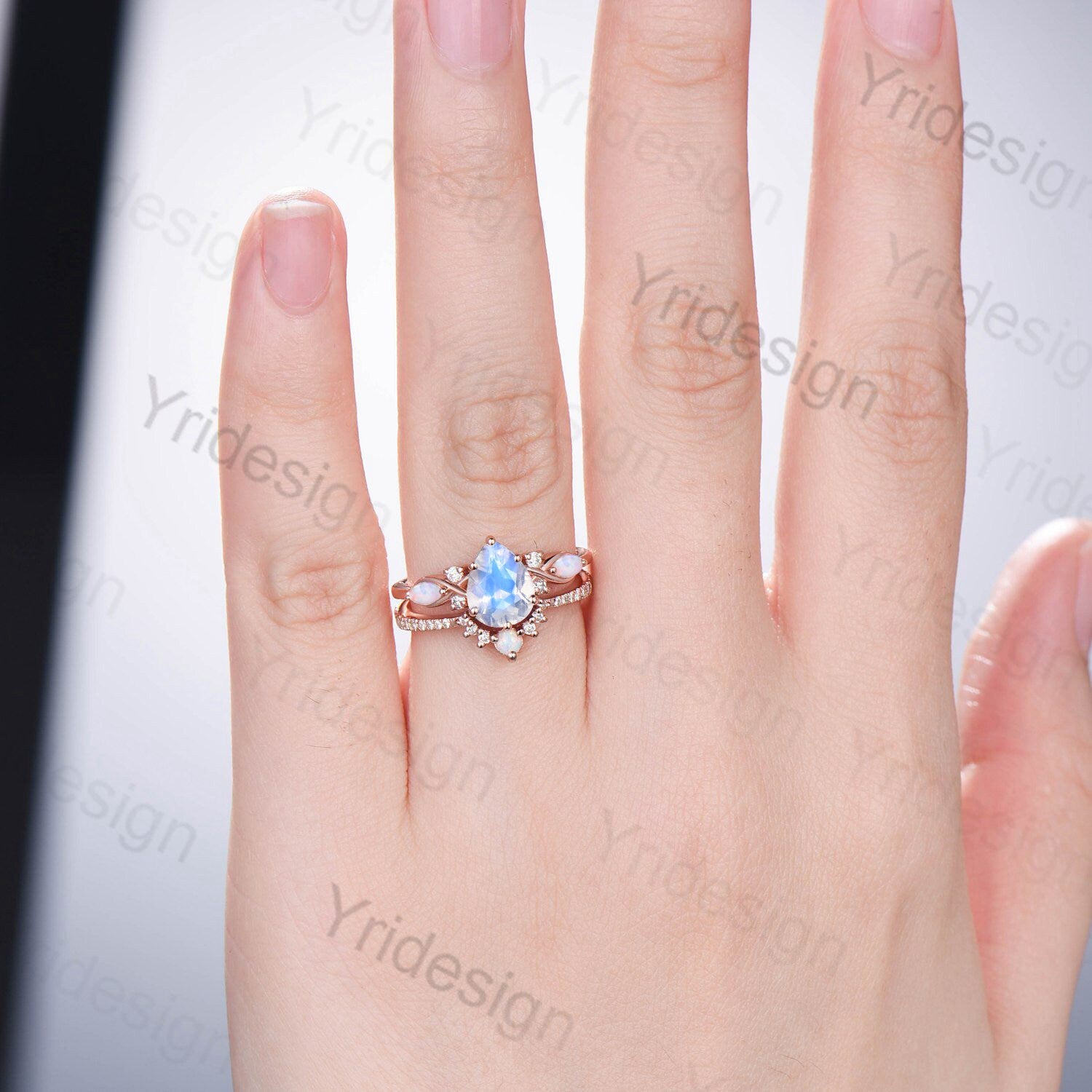 1.25CT Pear Shaped Moonstone Engagement Ring Set - Vintage Opal Moissanite Bridal Jewelry with Rainbow Blue Moonstone | Unique Promise Gift for Her | Perfect for Weddings, Anniversaries & Romantic Occasions