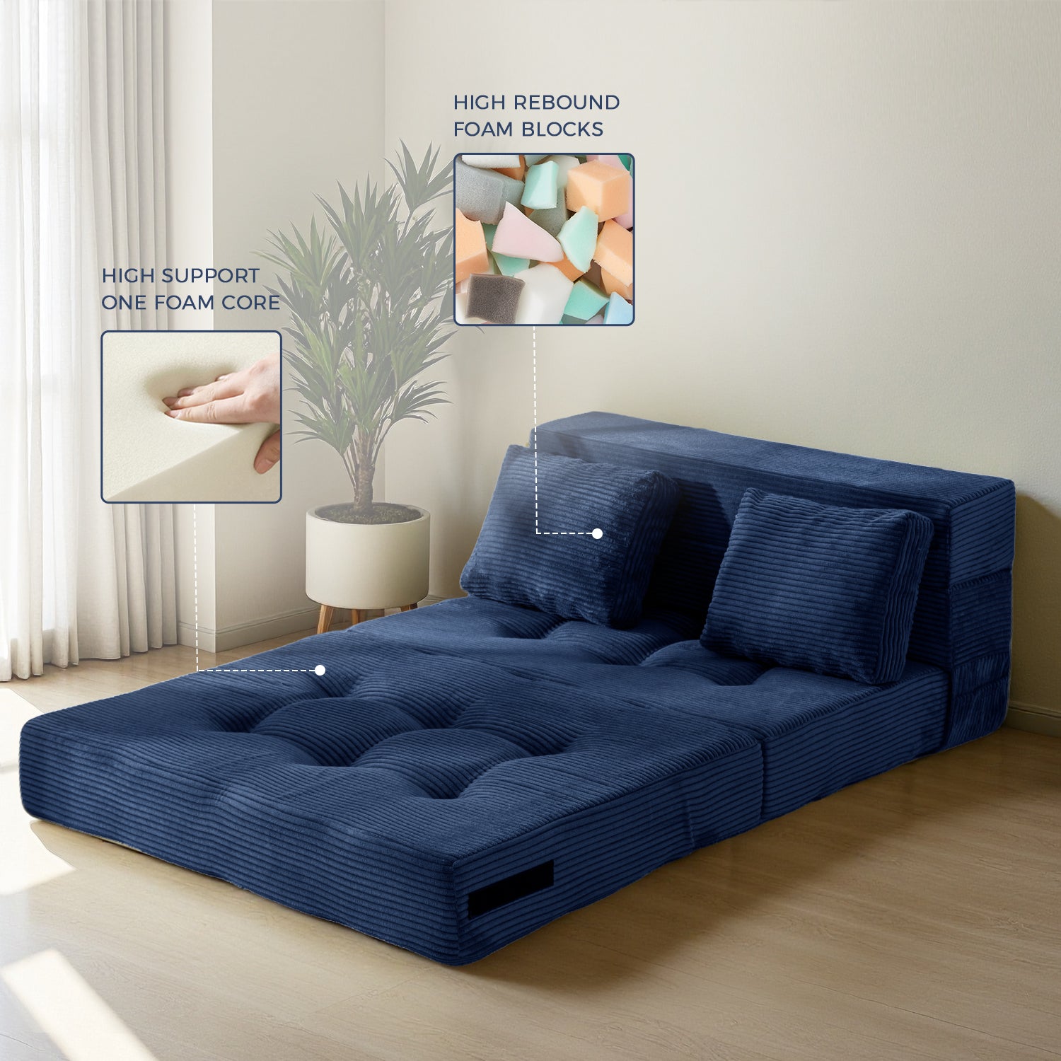 MAXYOYO 4-in-1 Convertible Sofa Bed Chair - Foldable Tufted Sleeper with Pillow, Navy Blue | Perfect for Small Spaces, Guest Rooms & Apartments