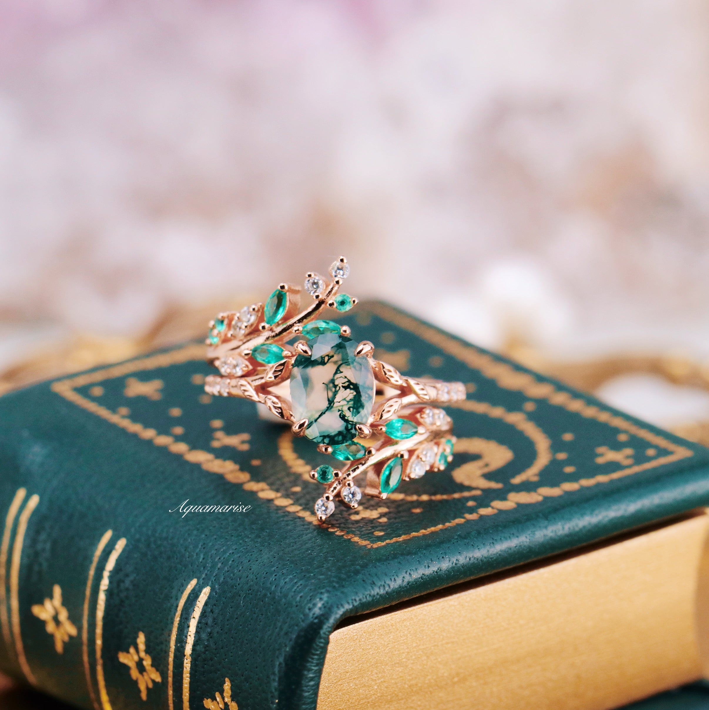 Green Fire Opal & Moss Agate Leaf Couples Ring - Nature Inspired Matching Wedding Bands for Him & Her - Perfect for Anniversaries, Engagements, and Romantic Gifts