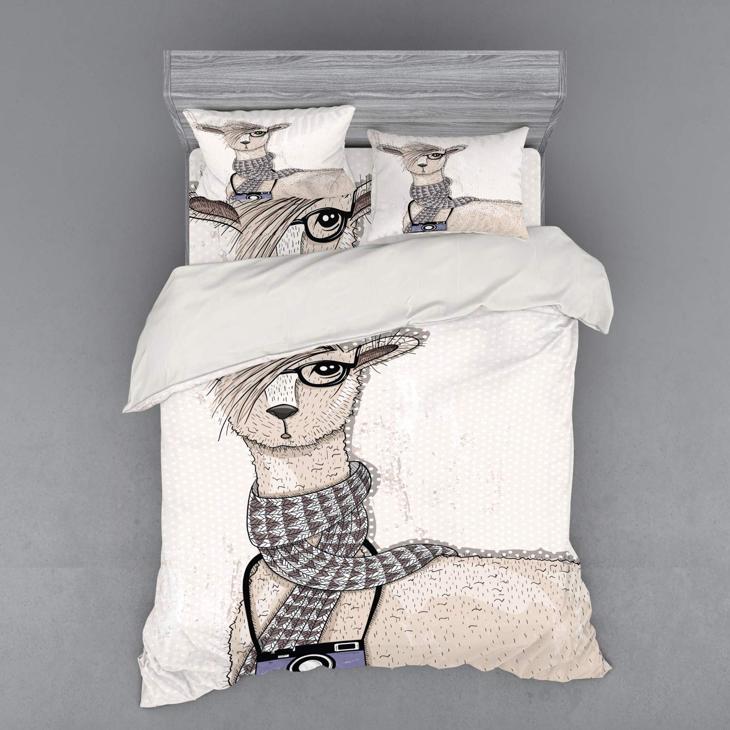 Ambesonne 4-Piece Llama Duvet Cover Set with Camera Scarf & Glasses - Hipster Animal Print on Beige Dotted Background - Queen Size Bedding Set Includes Shams & Fitted Sheet - Perfect for Bohemian & Eclectic Bedroom Decor