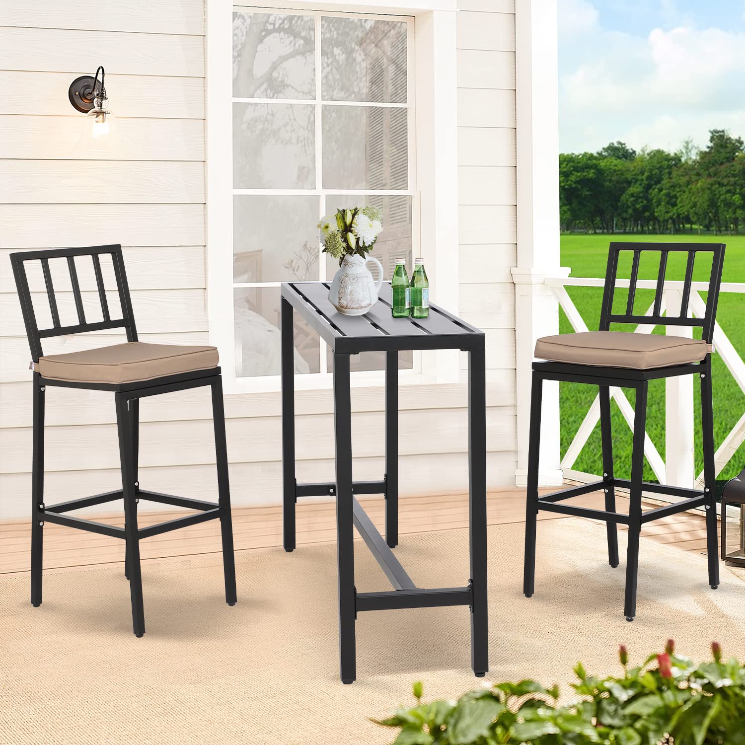 3-Piece Metal Outdoor Bar Set with Table & Stools - Black Patio Bar Furniture for Backyard, Porch, Balcony - Includes 47
