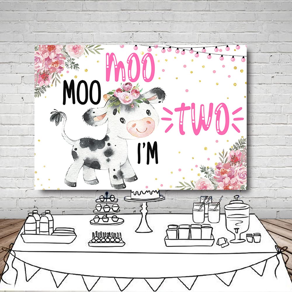 MEHOFOND 10x7ft Cow-Themed Baby Girl 2nd Birthday Backdrop - Pink Floral Confetti Party Banner for Cake Table, Wall Decor & Photo Booth Background | Perfect for 'Moo Moo I'm Two' Birthday Party Photography & Gift Pictures