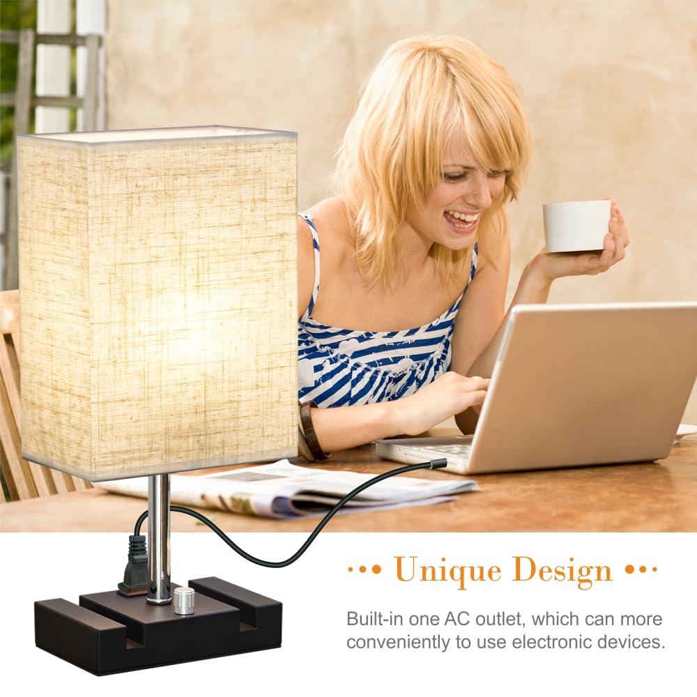 Dimmable Table Lamp with 2 Phone Stands & AC Outlet - Set of 2 Fabric Bedside Lamps with LED Bulbs for Bedroom, Living Room & Study | Perfect for Night Reading, Charging Devices & Home Decor