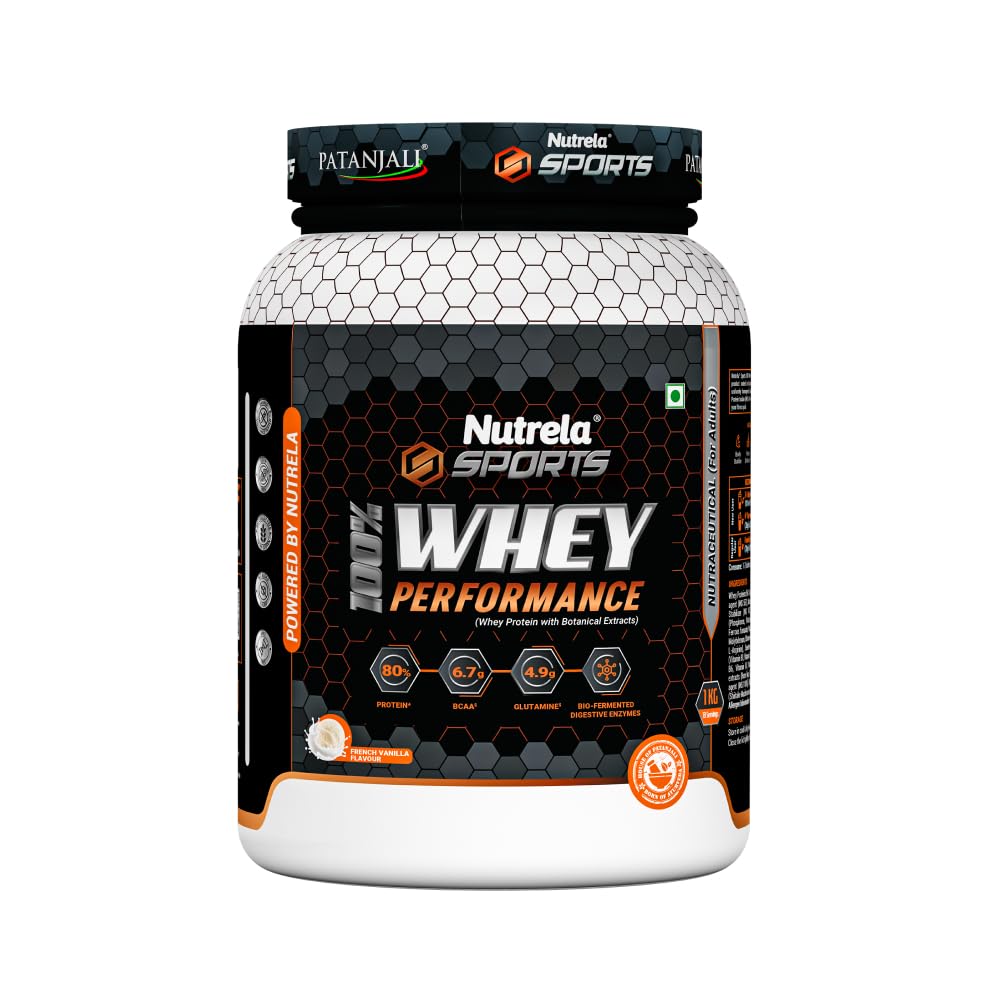 Patanjali NUTRELA Sports Whey Protein Powder Concentrate & Isolate - 1kg Vanilla Ice Cream Flavor | 24g Protein, 6.7g BCAA, 4.9g Glutamine with Digestive Enzymes | Post-Workout Recovery & Muscle Building Supplement for Athletes & Fitness Enthusiasts
