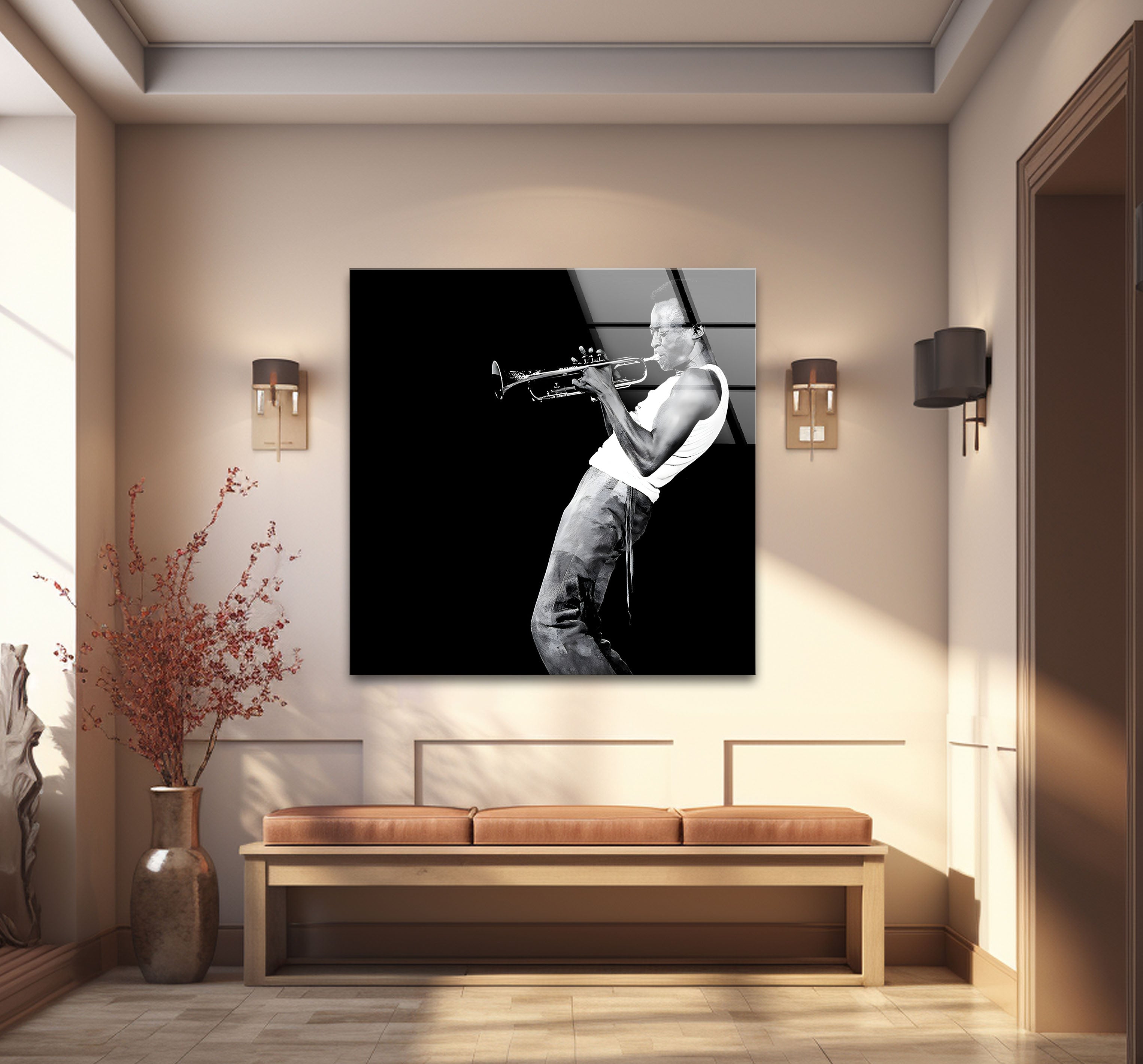 Black & White Miles Davis Musician Glass Wall Art - Jazz Decor for Living Room, Office & Music Studio - Perfect Gift for Jazz Lovers