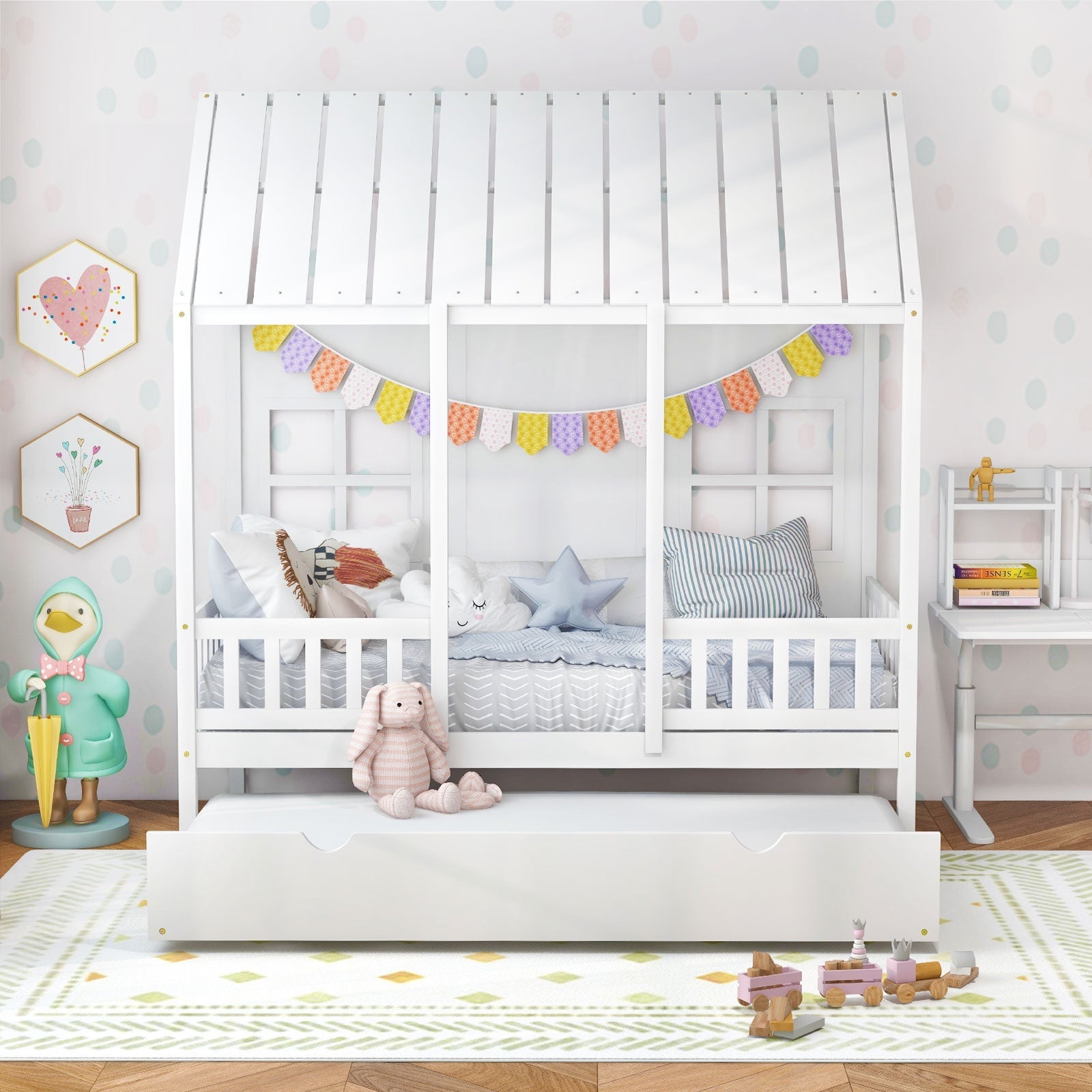 Twin Size House Bed Frame with Trundle - 82 Inch Tall Canopy White - Perfect for Kids Bedroom, Playroom & Nursery Decor