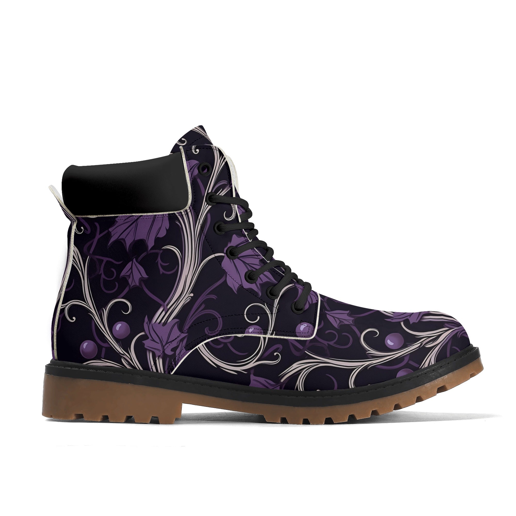Gothic Purple Leather Boots for Women - All Season Comfort with Forest Brown Outsole - Perfect for Outdoor Hiking, Fall Fashion & Gothic Style Outfits