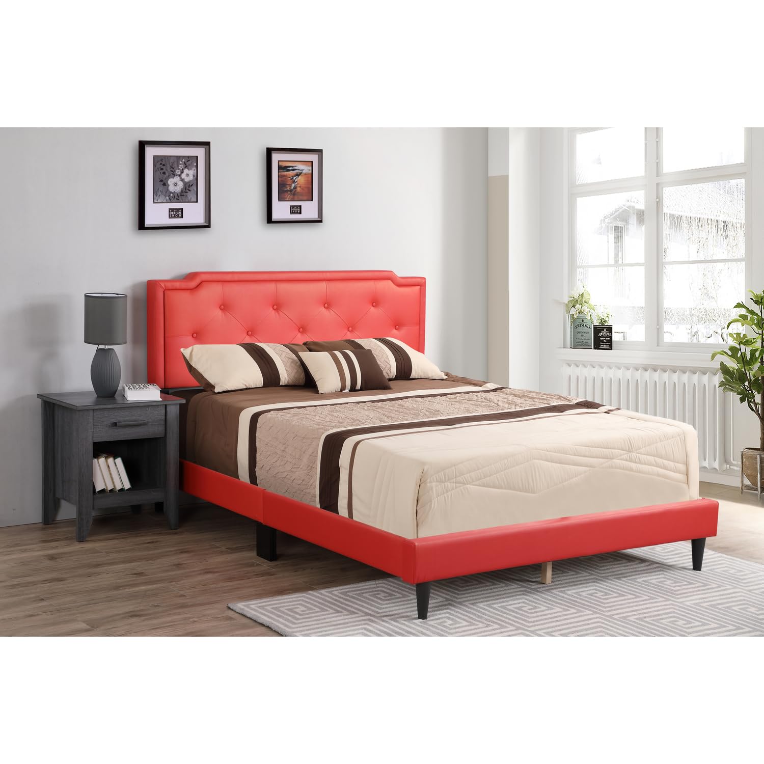 Modern Adjustable Panel Bed Frame - Queen Size, Dark Red Wood Finish - Ideal for Bedroom, Guest Room & Apartment Furniture