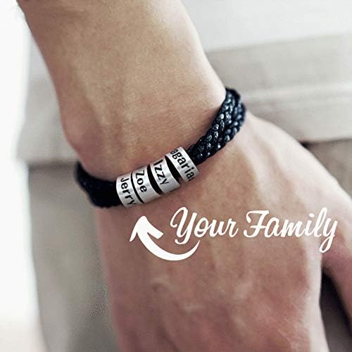 925 Sterling Silver Personalized Men's Leather Bracelet - Custom Engraved Black Braided Bracelet with Small Beads - Family Name Jewelry Gift for Husband, Father, Son - Perfect for Anniversary, Birthday & Everyday Wear