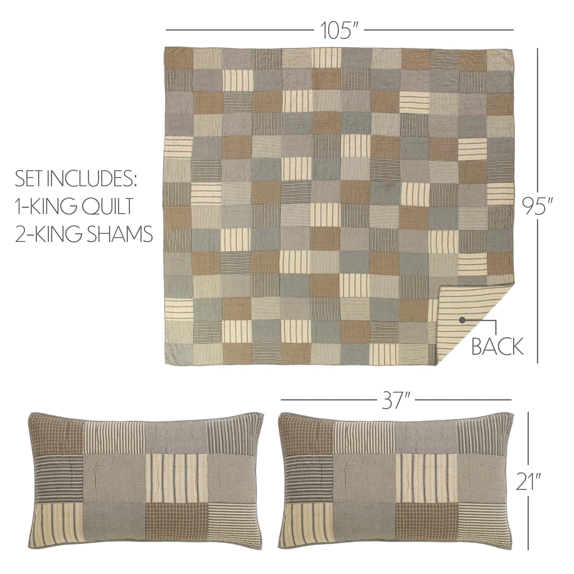 Sawyer Mill Charcoal Patchwork Farmhouse Reversible 3-Piece King Quilt Set - 1 King Quilt & 2 Pillow Shams | Rustic Bedroom Decor for Cozy Farmhouse Style